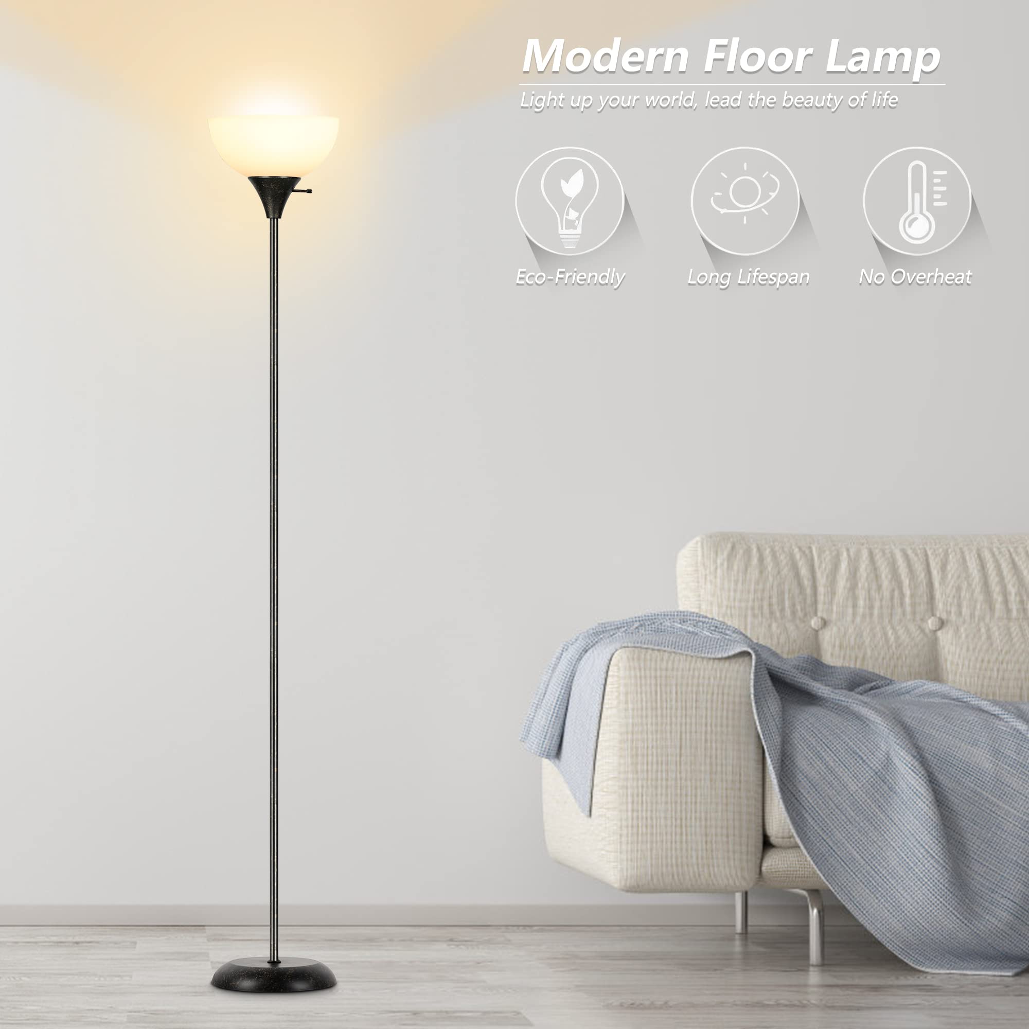 RISLG Industrial Floor Lamp - 3-Level Dimmable, Metal, 70.8in, Retro White Lampshade, Model RG005 for Living Room, Bedroom, Office