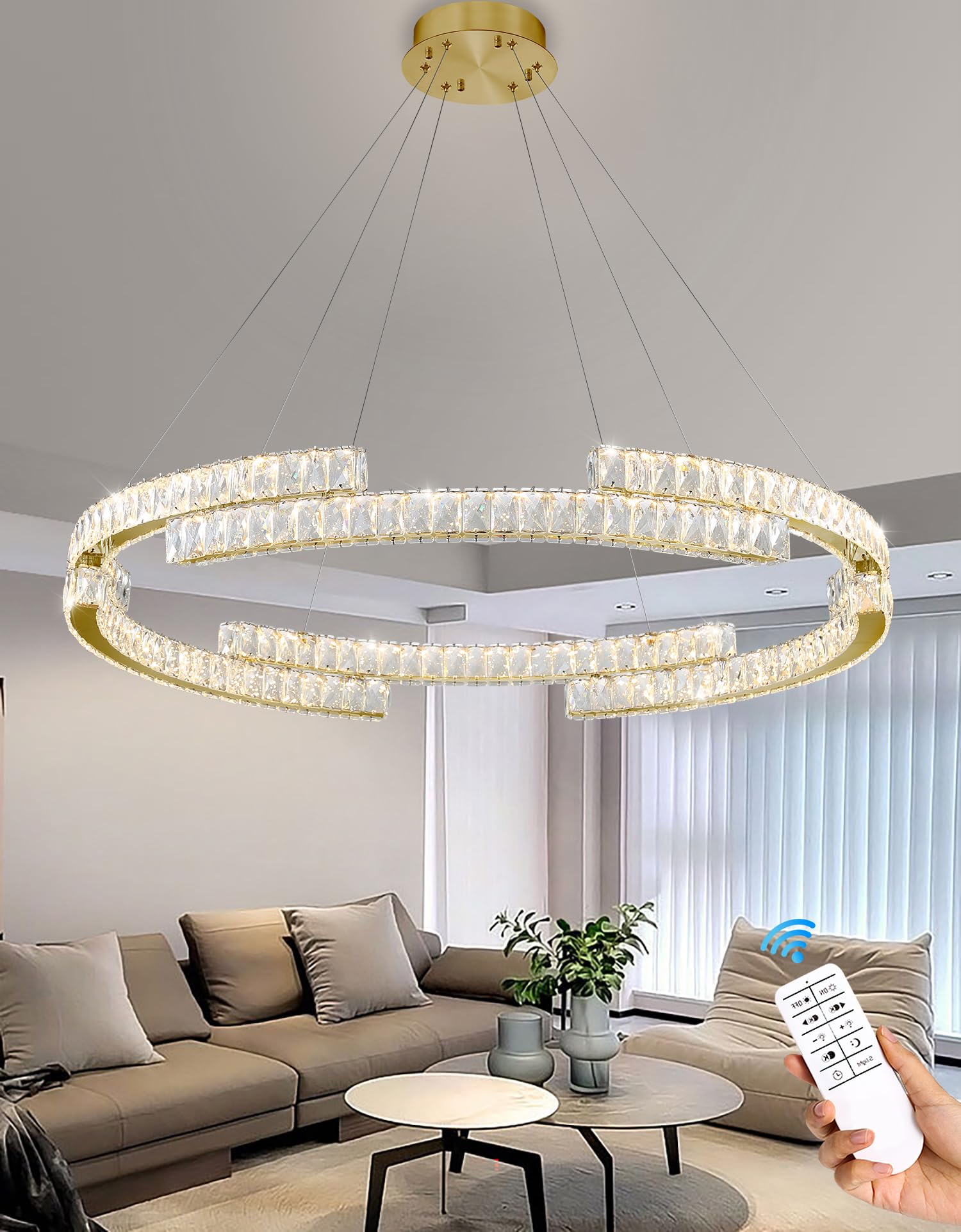 Idequy D47.5'' Gold Modern Crystal Ring Chandeliers For Living Room Dinning Room Crystal Pendant Light Dimmable 3000K-6000K
