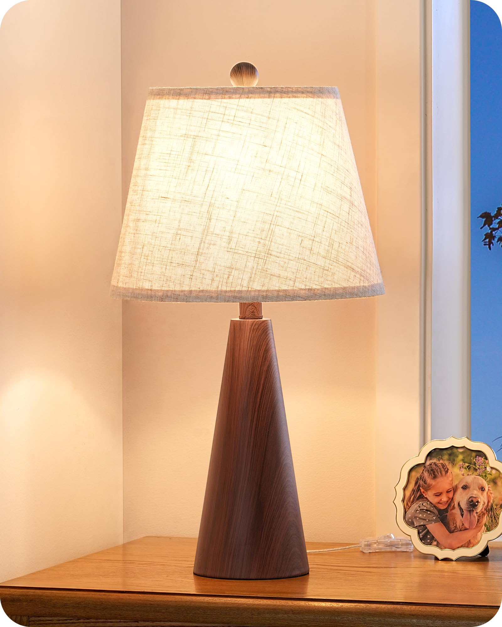 EDISHINE 21.85 Boho Table Lamp, Farmhouse Bedside Lamp, Water Transfer Red Wood Grain Metal Base, Beige Linen Shade, Rustic Nigh