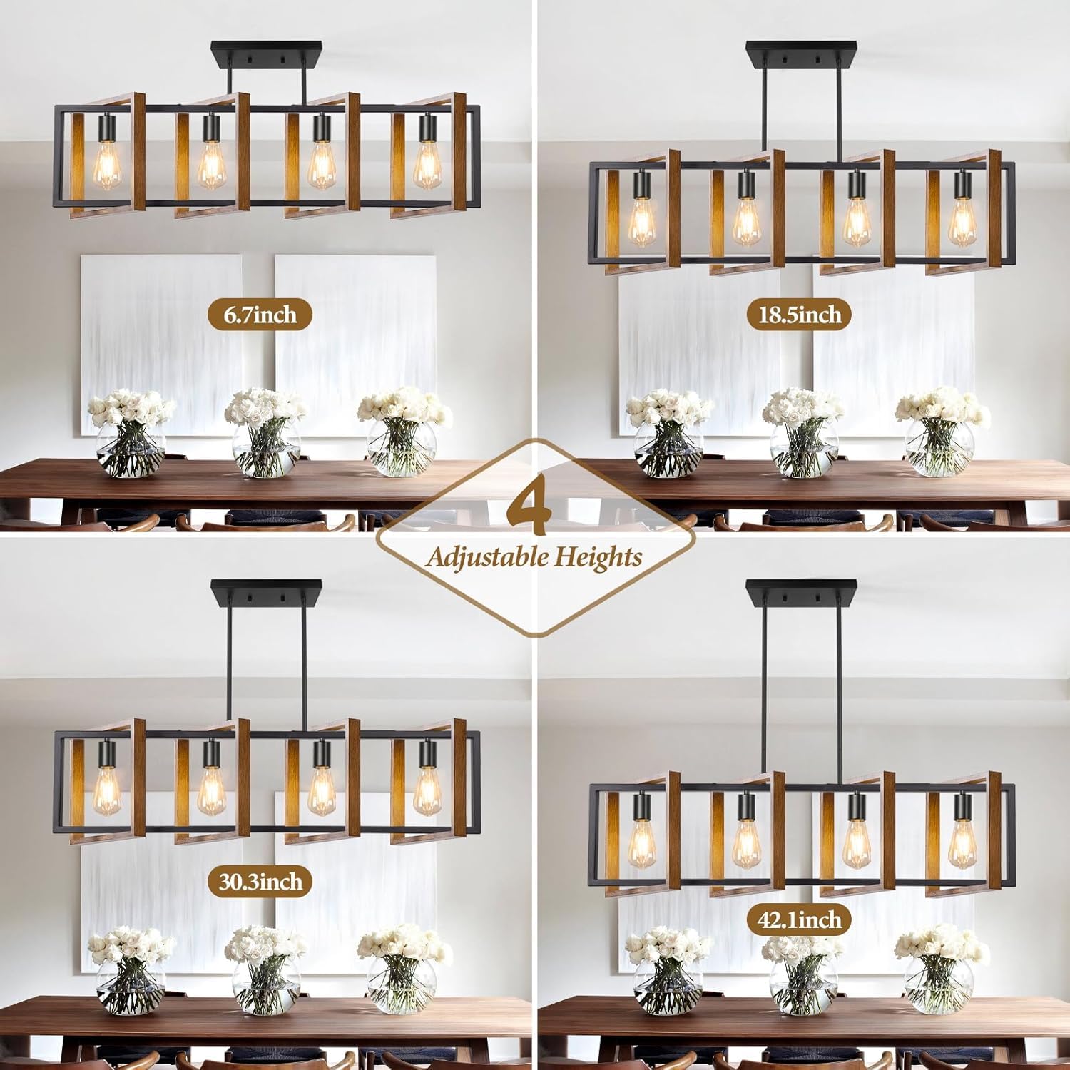4 Lights Dining Room Light Fixture, Farmhouse Kitchen Island Lighting Wood And Black Metal Rectangular Hanging Chandelier For Ce