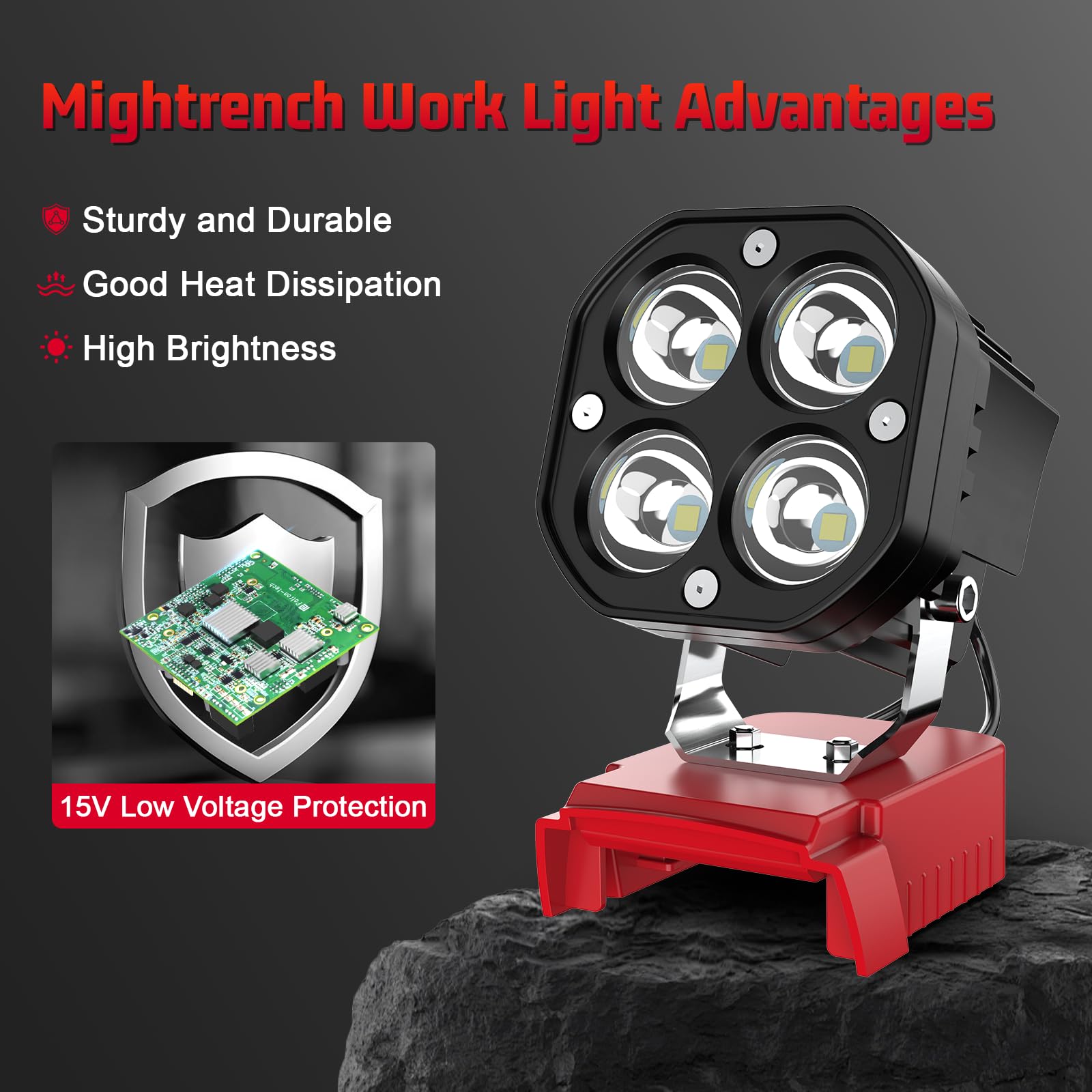 Mightrench 40W LED Work Light for Milwaukee 18V Battery - 6000LM, Portable, Adjustable 120°, Low Voltage Protection, Ideal for Camping & Repairing