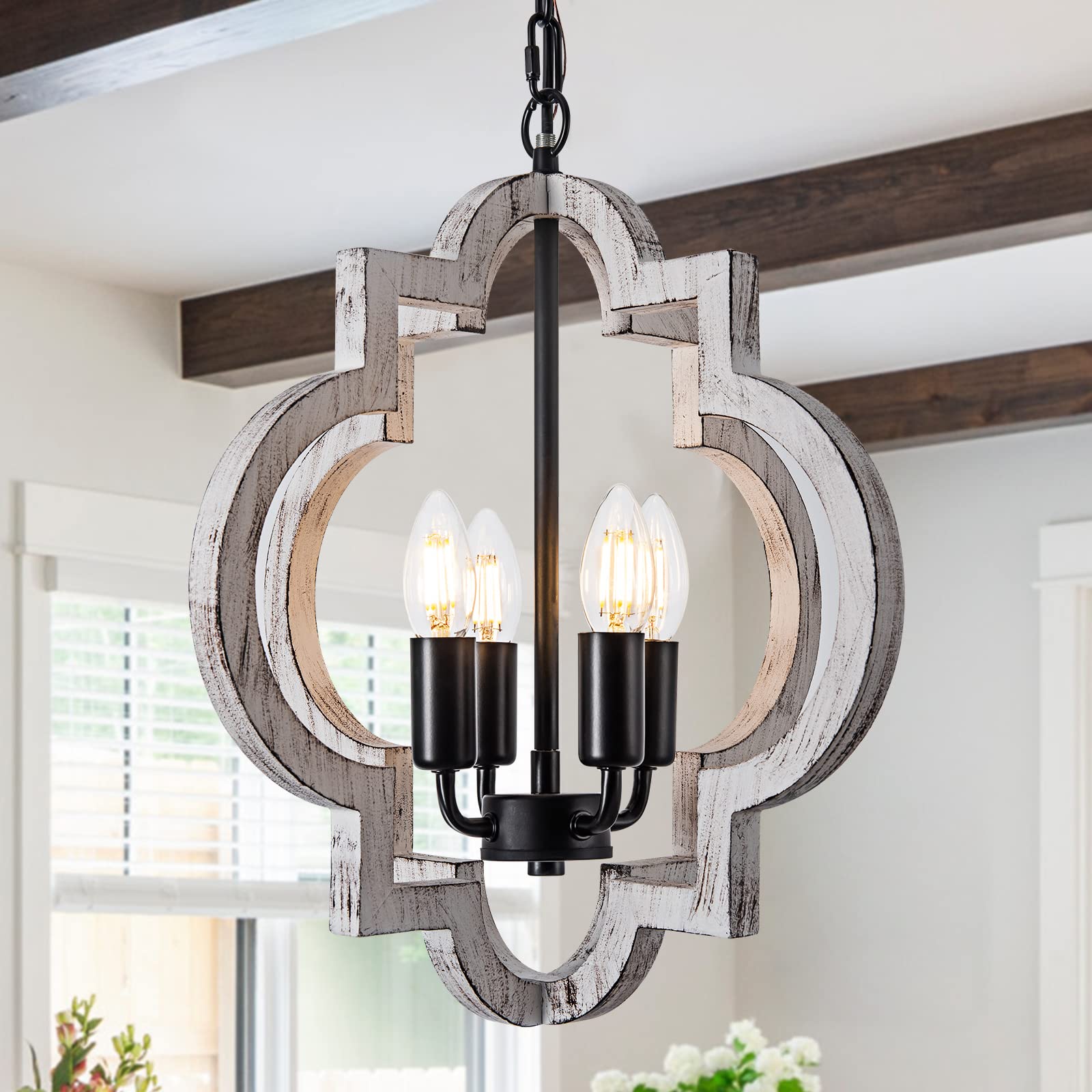lighceac 4-Light 15'' Farmhouse Orb Chandelier Rustic Handmade Distressed White Wood Hanging Ceiling Pendant Light Fixture Wood 