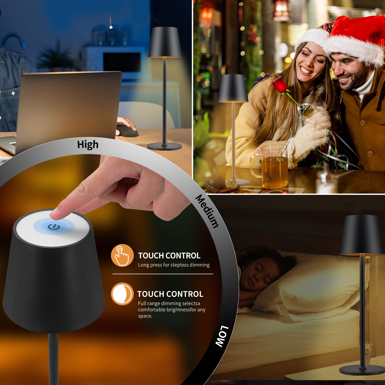 IMQSQIK Cordless Table Lamp, 5000mAh Rechargeable LED, 3 Color Modes, Black, Model CL-2pblack