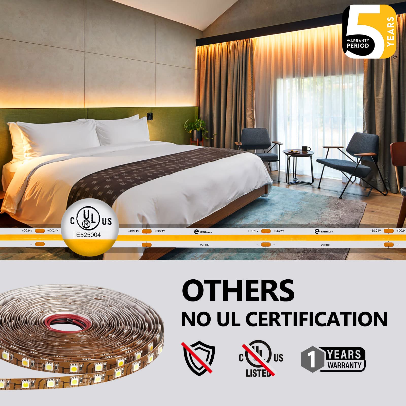 Emitever Cob Led Strip Lights Warm White, 24V 2700K Tape Light Premium High Density 25Ft, 300+Lumens/Ft, 3600Leds/Spool, Ra 90+,