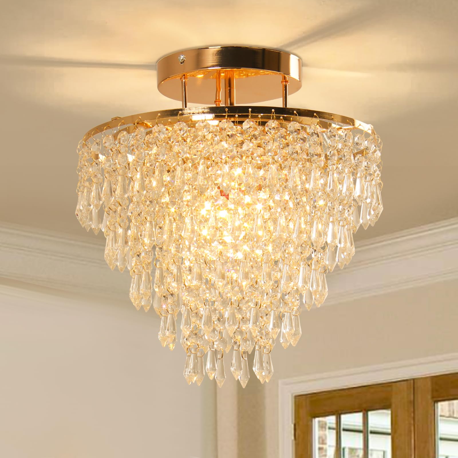 FRIXCHUR 11.8'' Crystal Chandelier Gold Crystal Flush Mount Ceiling Light 5 Tiers Raindrops Crystal Pendant Lighting Fixture for