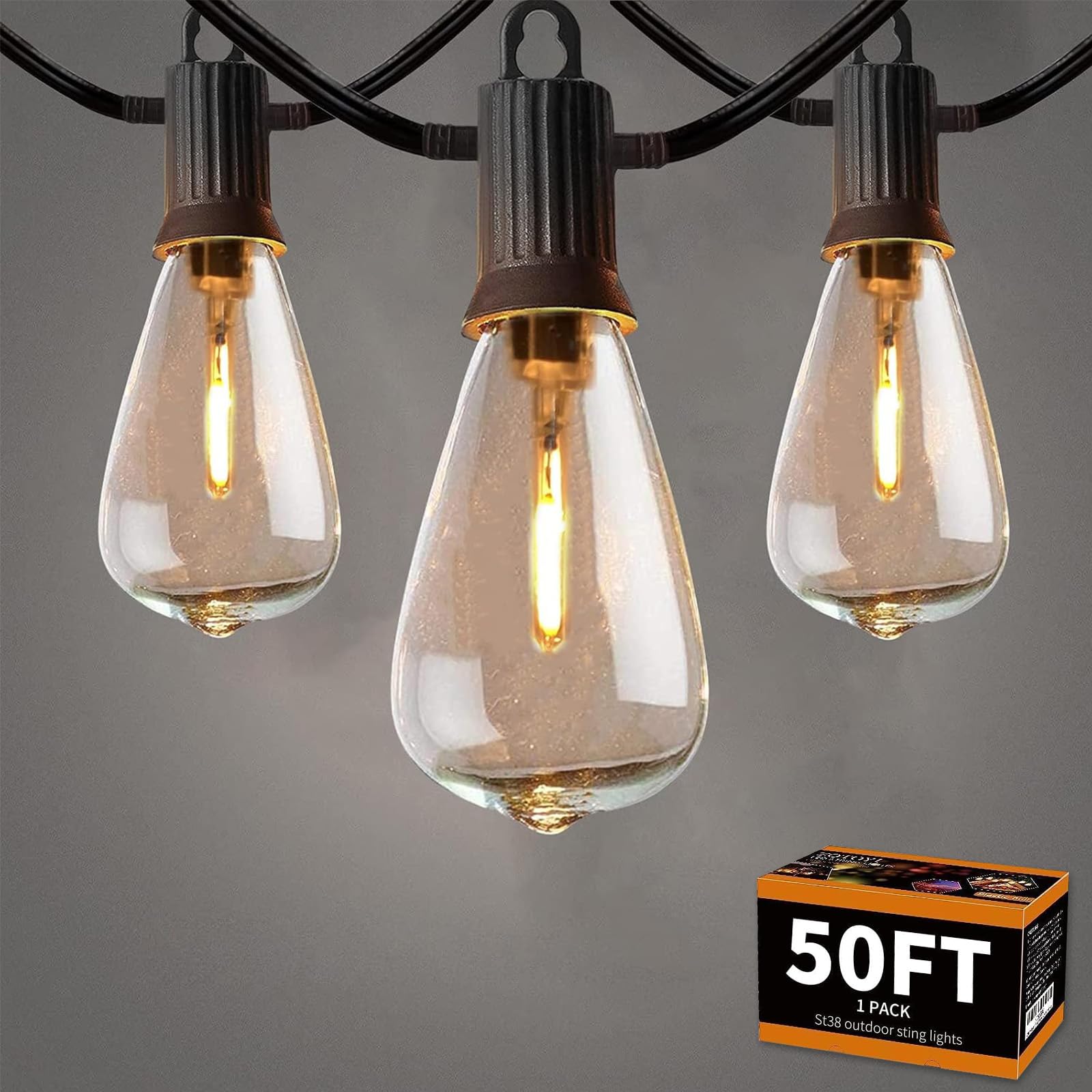 ZOTOYI Outdoor String Lights 50 FT, Waterproof IP65 Outside Light with 27 LED Plastic ST38 Edison Bulbs, Patio Hanging Lights fo