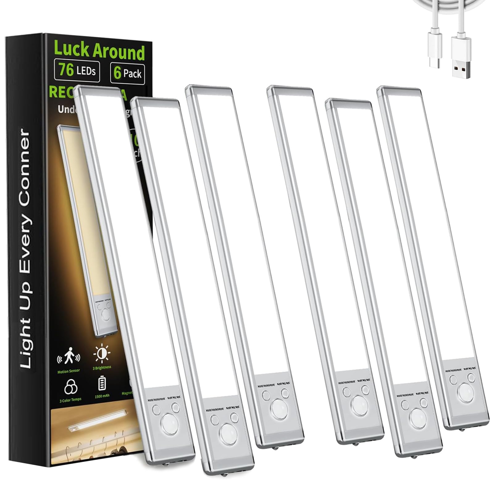 LUCK AROUND 6 Pack Under Cabinet Lighting, Motion Sensor Light, 12-Inch Rechargeable LED, Battery Powered White