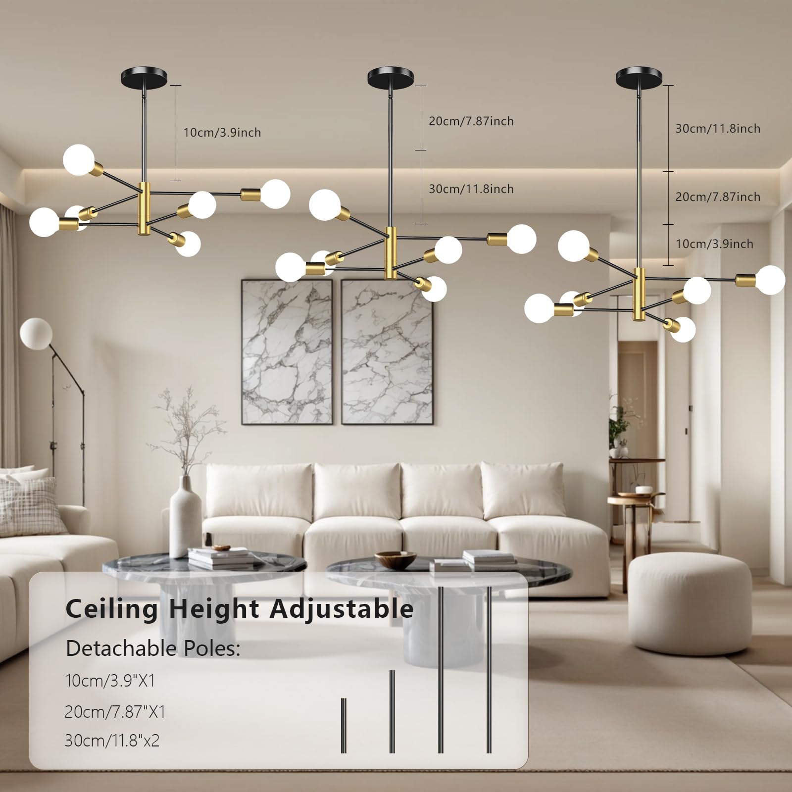 Modern Sputnik Chandelier, Ceiling Light Fixture Flush Mount 4-Lights Black And Gold Chandeliers For Living Room Bedroom Dining