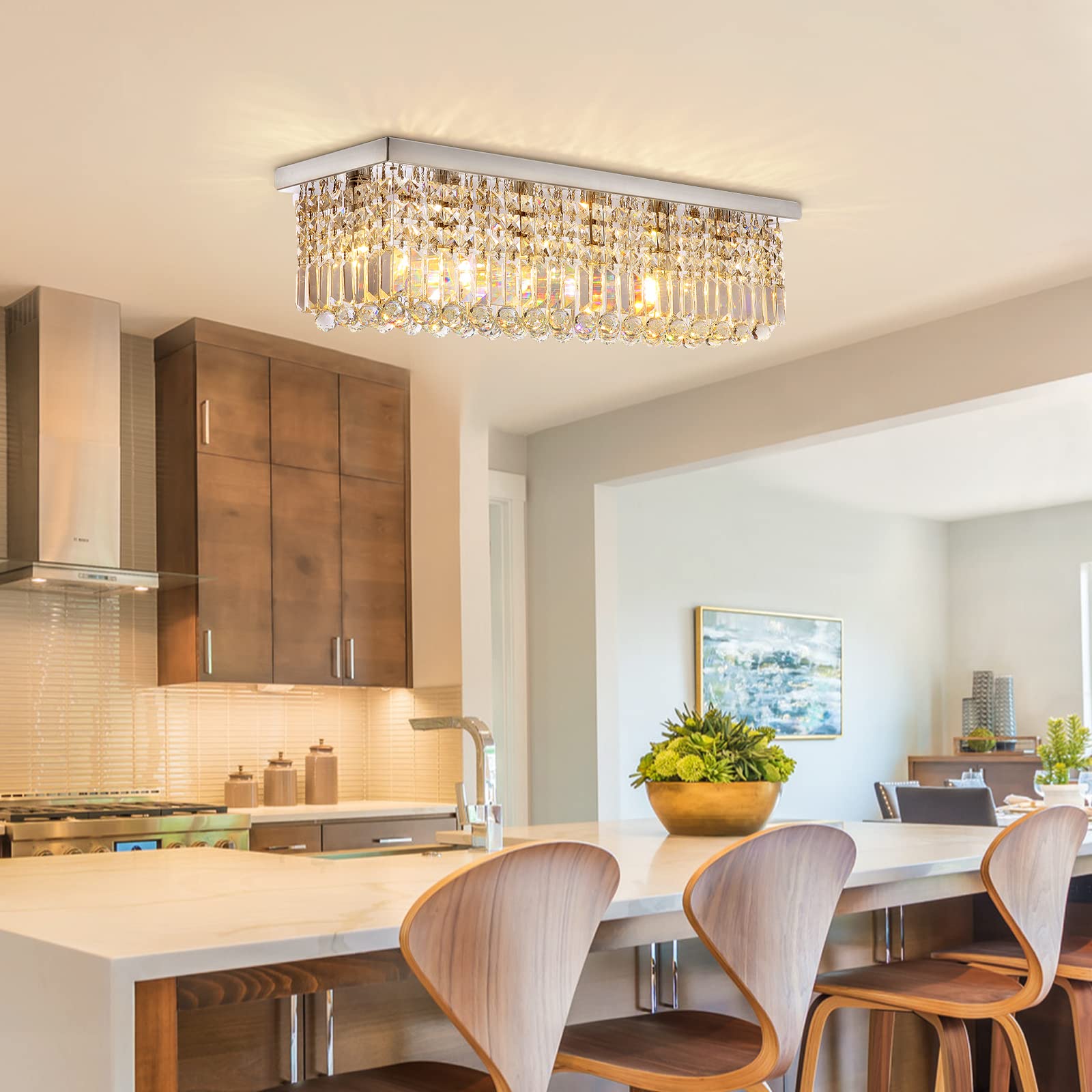 Siljoy Modern Crystal Chandelier, 6-Light Rectangular Pendant, Chrome, L31.5" x W10" x H10", Model HLC037, Ideal for Dining, Living Room,