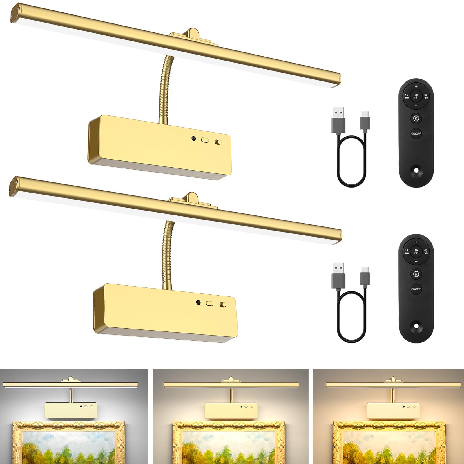 Picture Light with Remote, 15.35inch Wireless Rechargeable Battery Wall Light for Paintings, 3 Colors Paintings Light Dimmable and Timer Metal Art Light for Display, Wall, Artwork, Gallery (Gold) 2PCS