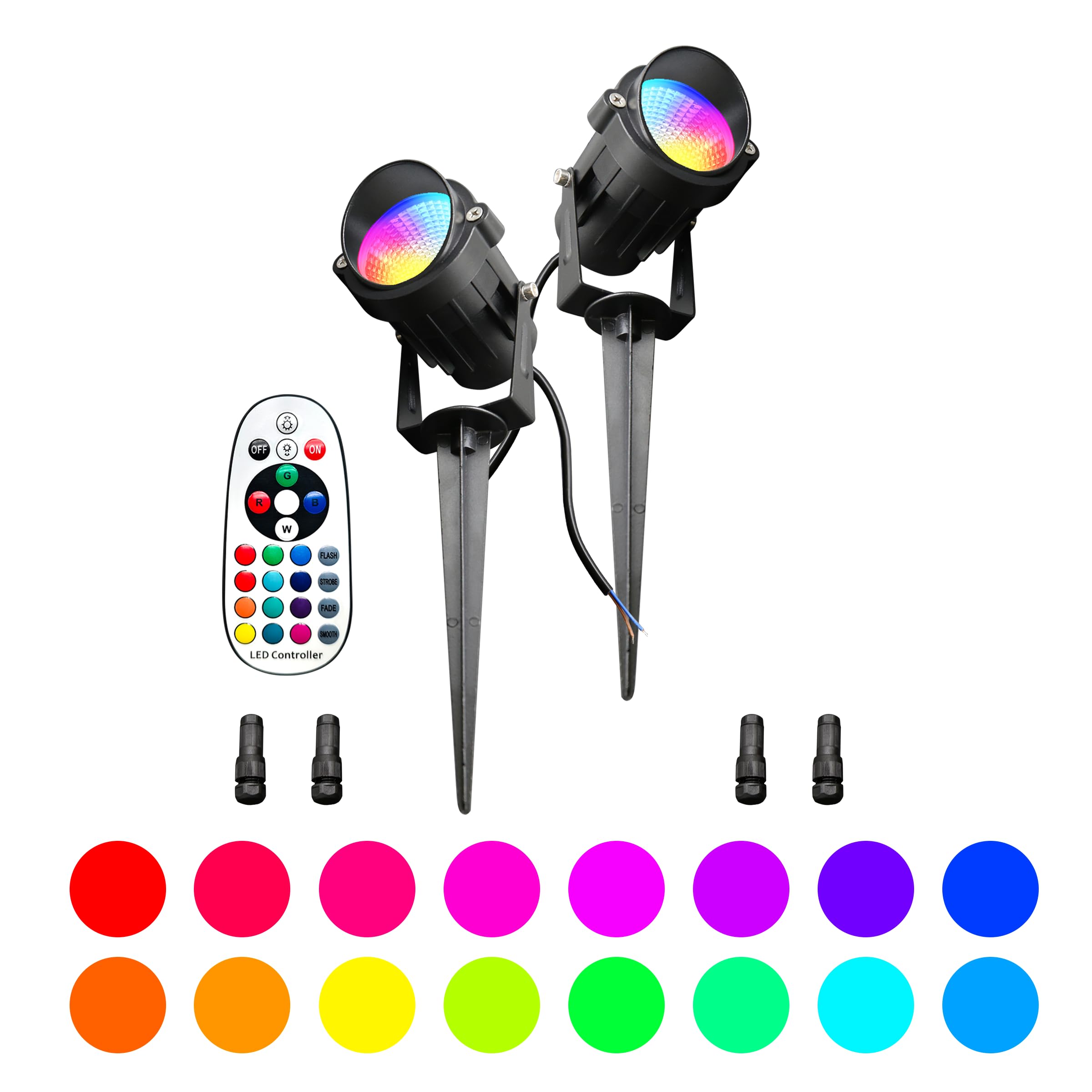 UPONELED RGBW Landscape Spot Lights, 12W, IP65 Waterproof, 2 Pack, Black, Low Voltage with Remote Control, Model FBAUPOSL-12-24V
