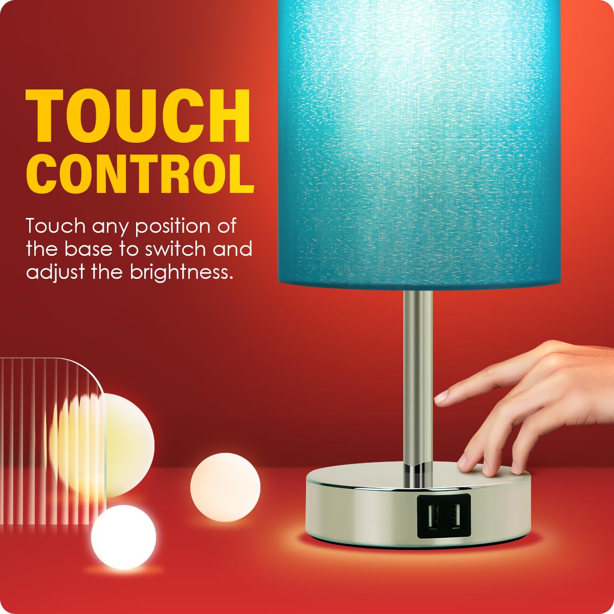 Yarra-Decor Blue Fabric Shade Touch Control Table Lamp With Usb Ports, 3 Way Dimmable Nightstand Lamp For Bedroom, Living Room, Kids Room, College Dorm, Office