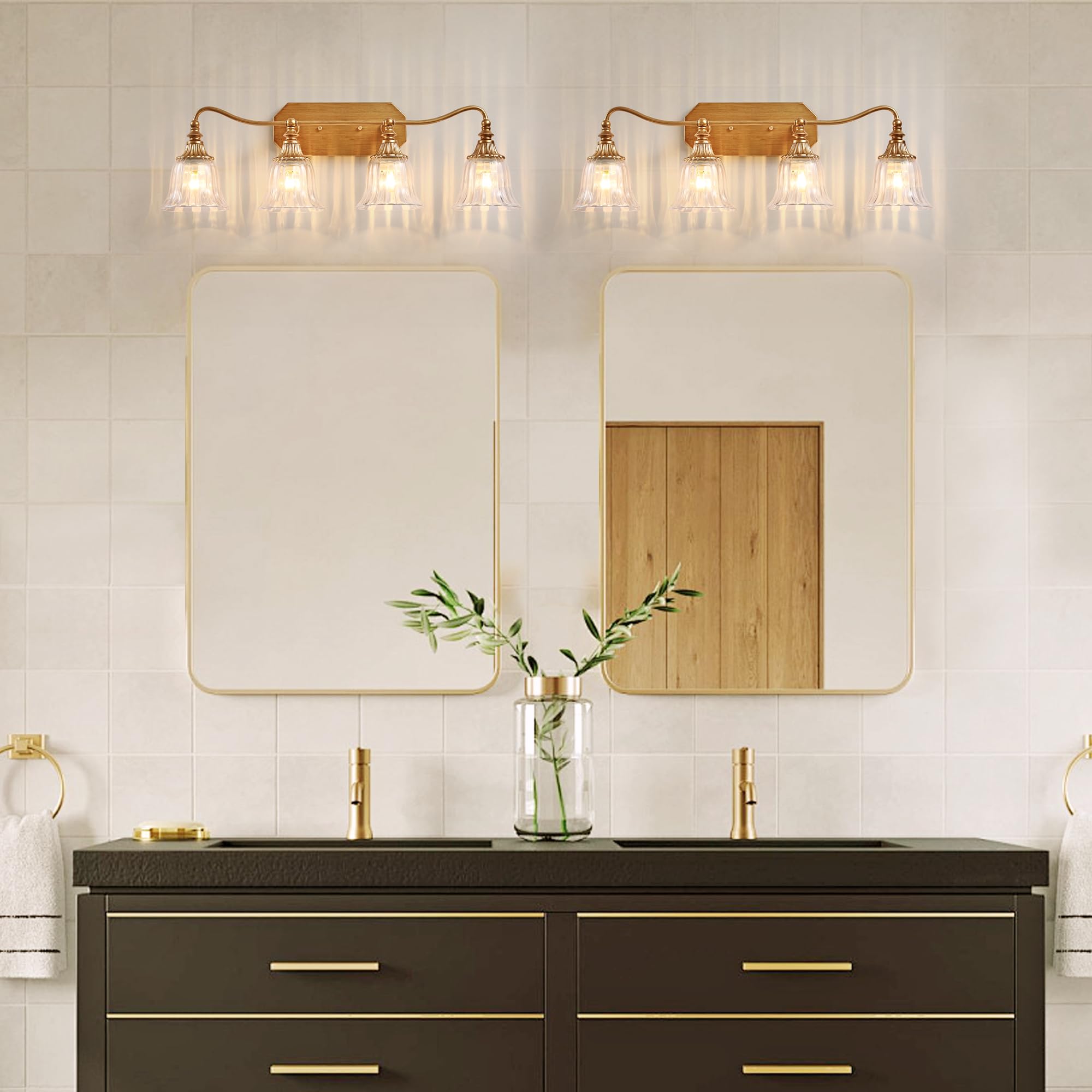 LmnLvn Bathroom Vanity Light Fixture, 4 Lights, Gold Antique Brass with Crystal Shade, Vintage Bathroom Lighting