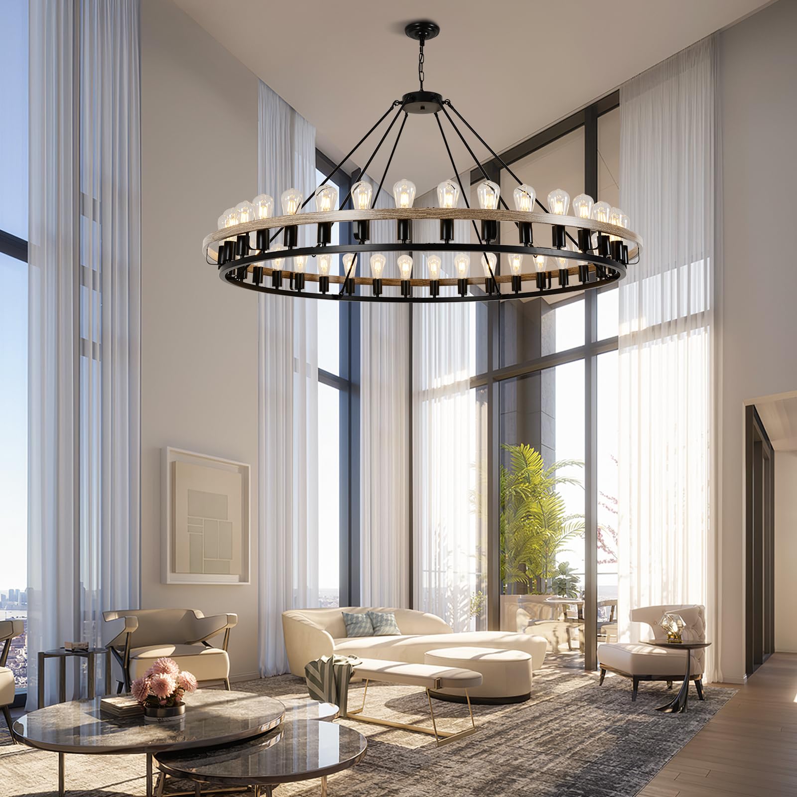WOGON WEEL Wagon Wheel Chandelier 60-Inch 36-Light Metal Rustic Black Oak Finish for High Ceilings Living Room Foyer