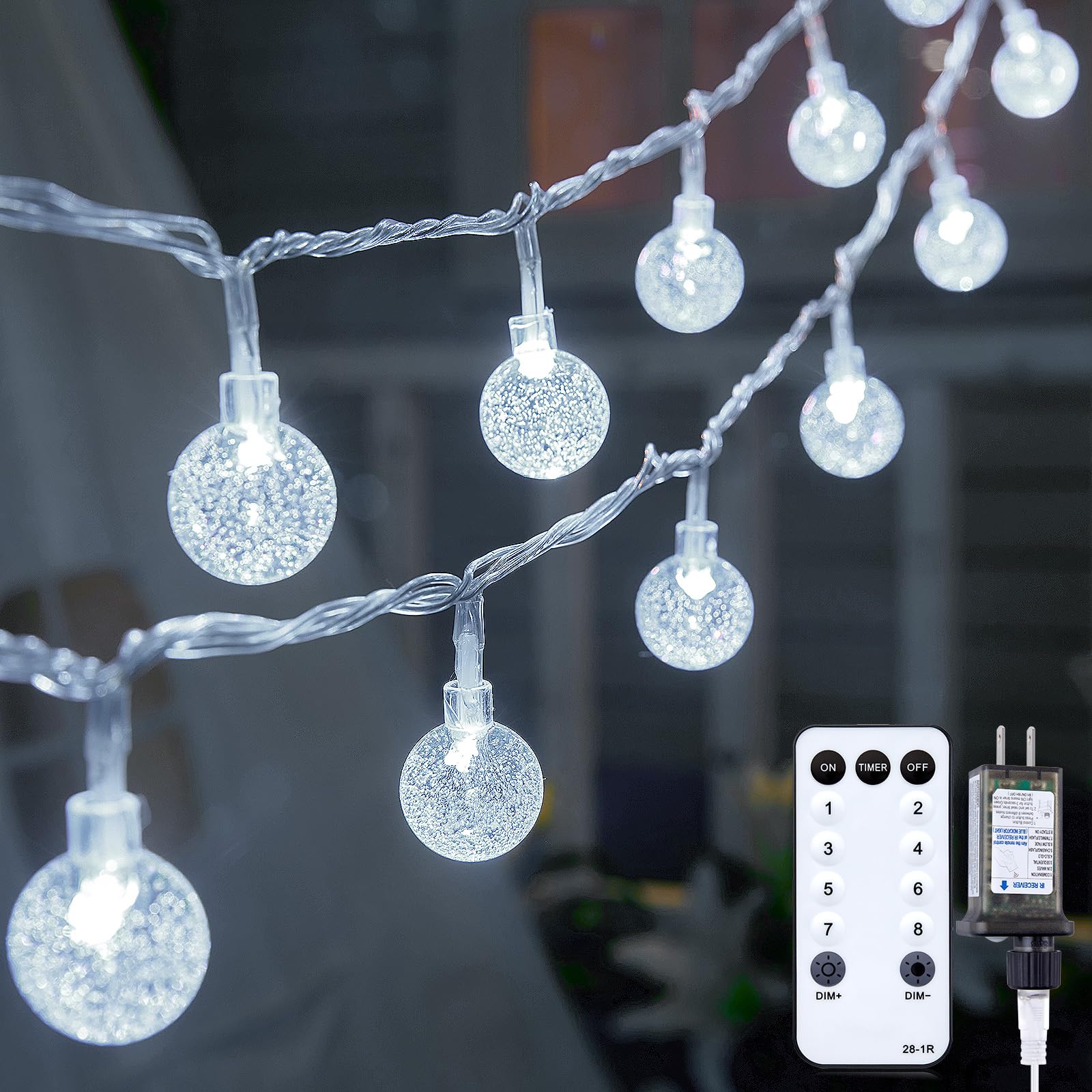 Minetom Crystal Globe String Lights - 33 ft, 100 LED, Waterproof, Remote & Timer - White