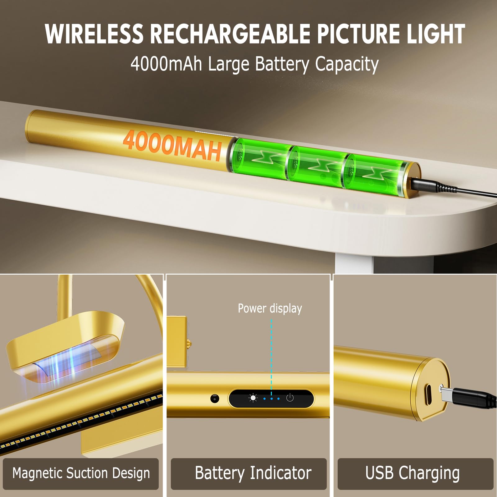 Bridika 19.7in Battery Operated Picture Light - Dimmable Gold Aluminum Art Light for Wall, Model YZ500