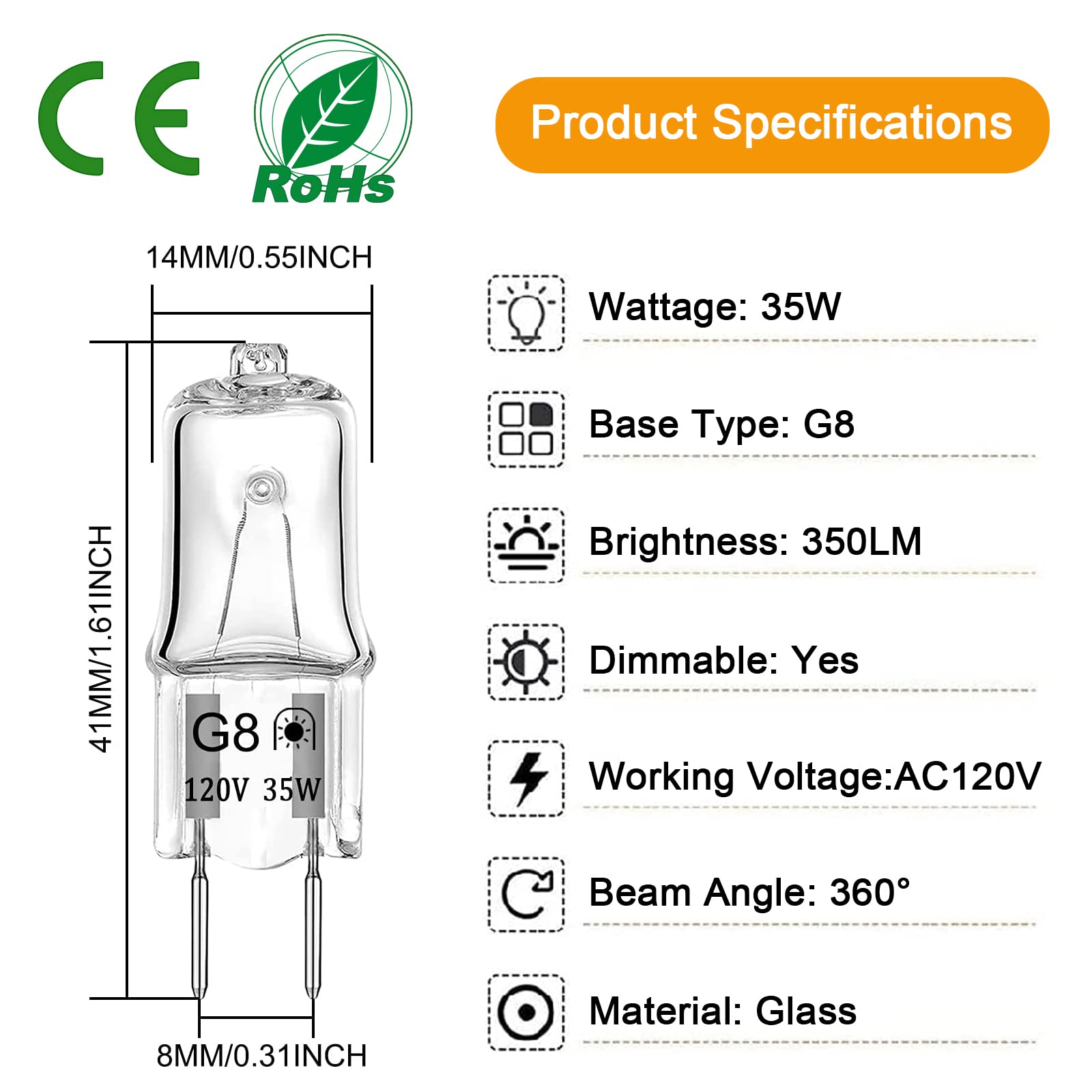 Lacnooe G8 Halogen Light Bulbs 35W 120V Dimmable Warm White 2700K -
