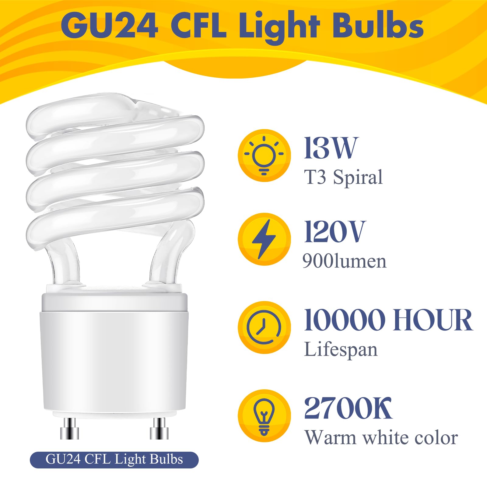 Honoson 4 Pack GU24 CFL Light Bulbs, 13W T3 Spiral, Warm White, 2700K, GU24 Base, Model ES-Honoson-2620