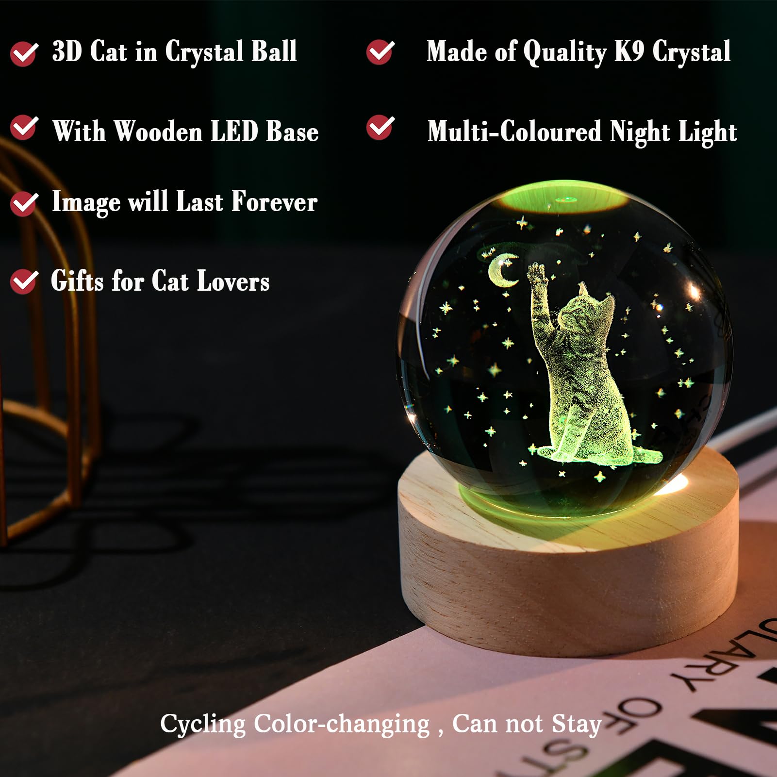 IFOLAINA 3D Cat Sympathy Figurine - 2.36" Laser Engraved Crystal Ball with Wooden Base, Multicolor Cat Gifts for Cat Lovers