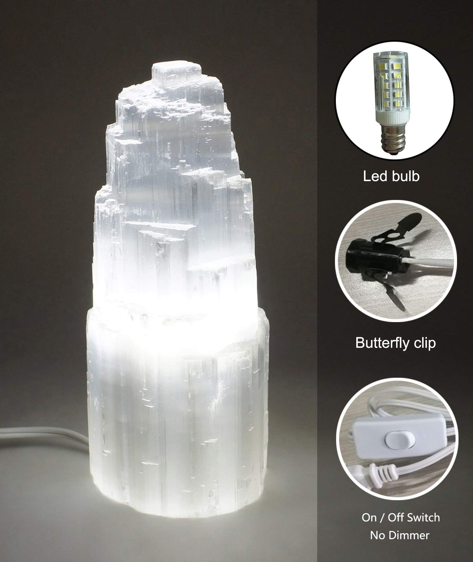 AMOYSTONE 8" Natural Selenite Crystal Lamp - White Gemstone Skyscraper Tower with LED Bulb Switch