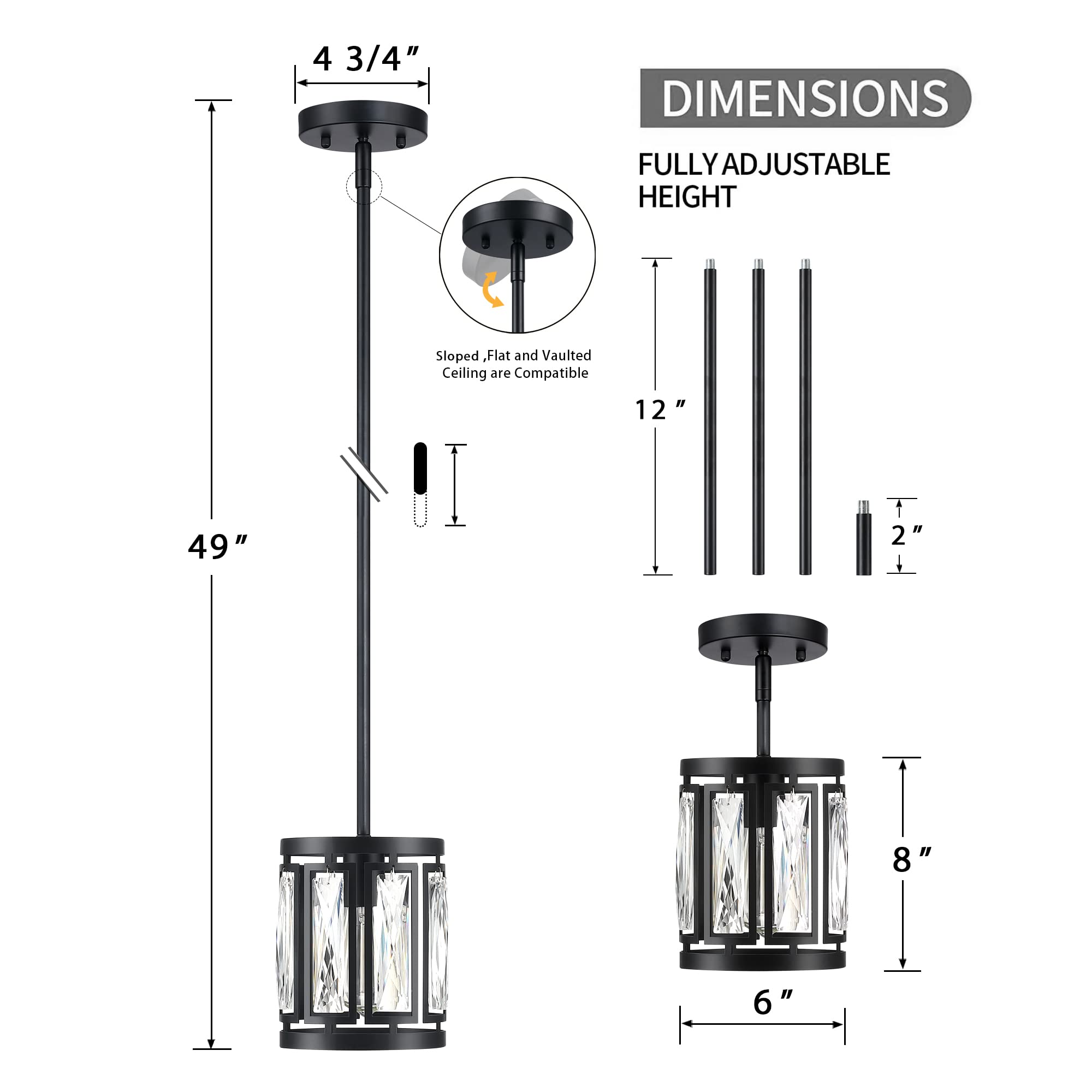 Mini Crystal Semi Flush Mount Ceiling Light, Convertible Hanging Pendant Lighting Fixture For Kitchen Island, Black Drum Shade Close To Ceiling Lights For Hallway Entryway