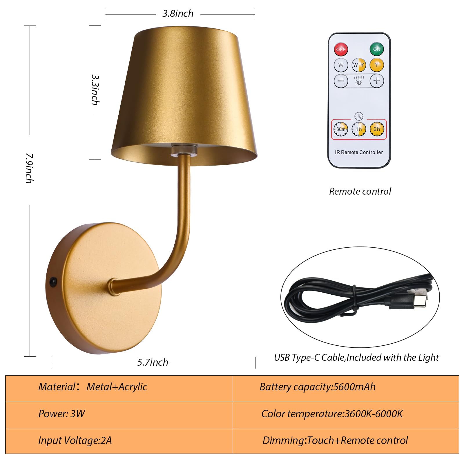 IMQSQIK LED Wall Lamp Set of 2, Rechargeable 5600mAh, Touch Control, Gold, Model RQ-14-2Pack
