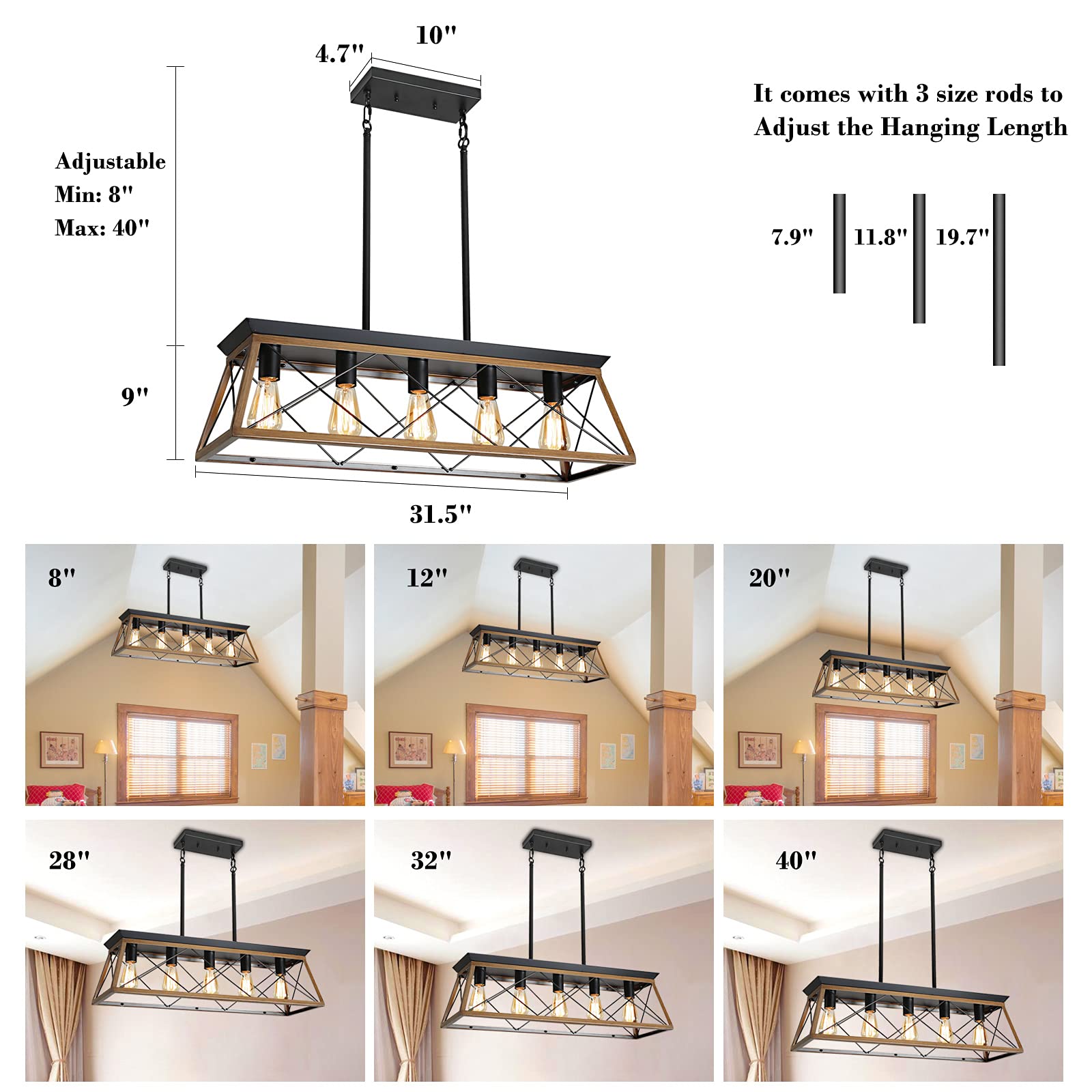 XIPUDA 5-Light Linear Pendant Chandelier, Rustic Metal Ceiling Light Fixture, Walnut, Model XPD-0048