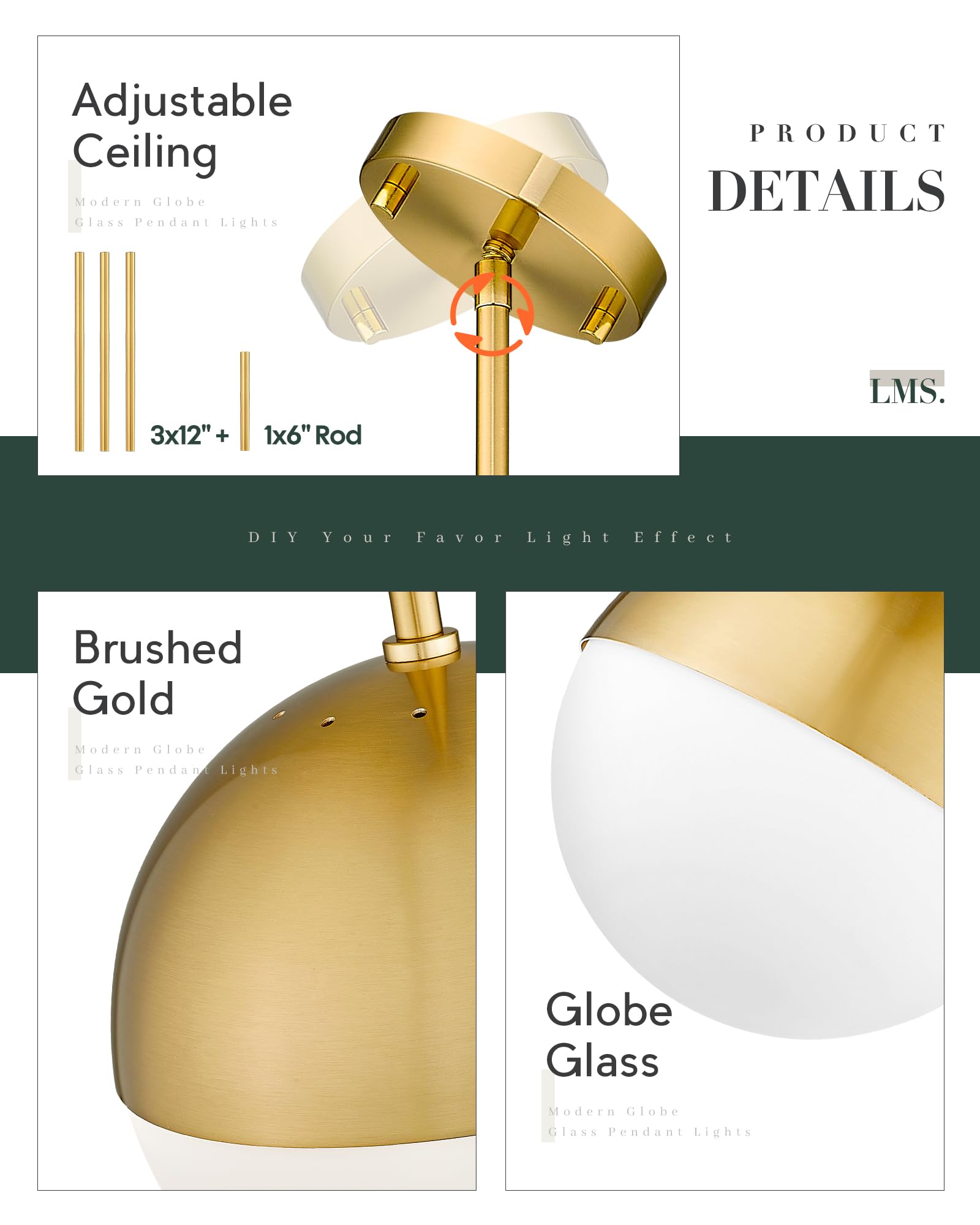LMS Brushed Gold Pendant Lights 2-Pack, Adjustable Milky Globe Glass Shade, 8" for Kitchen Island & Dining Room