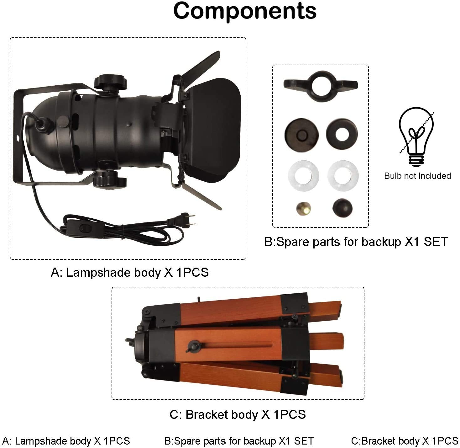 Lustorm 1 Industrial Tripod Wood Table Lamp For Bedside, Farmhouse Adjustable Height Retro Desk Lamp For Living Room Rotataion V