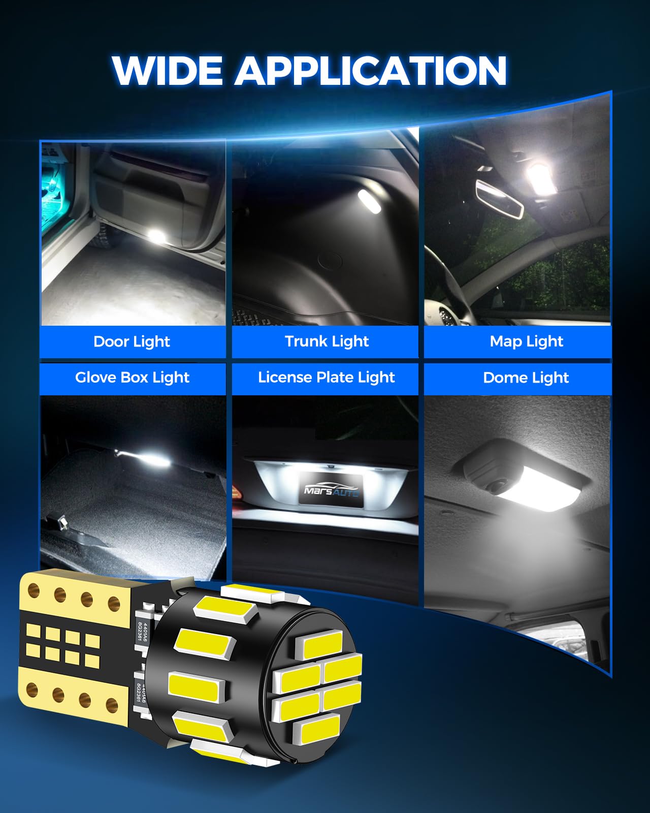 Marsauto 194 LED Bulb for License Plate Light, 6000K White, T10 Wedge Replacement, Pack of 10