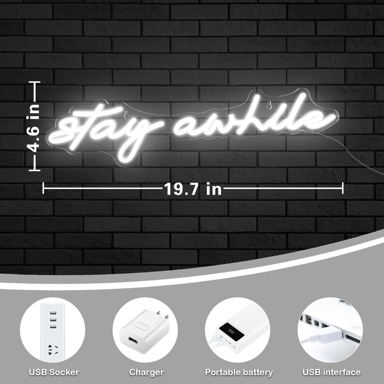 Imegina Dimmable Led Neon Sign - Stay Awhile Wall Decor, Usb Powered, 19.7X5 Inch, White