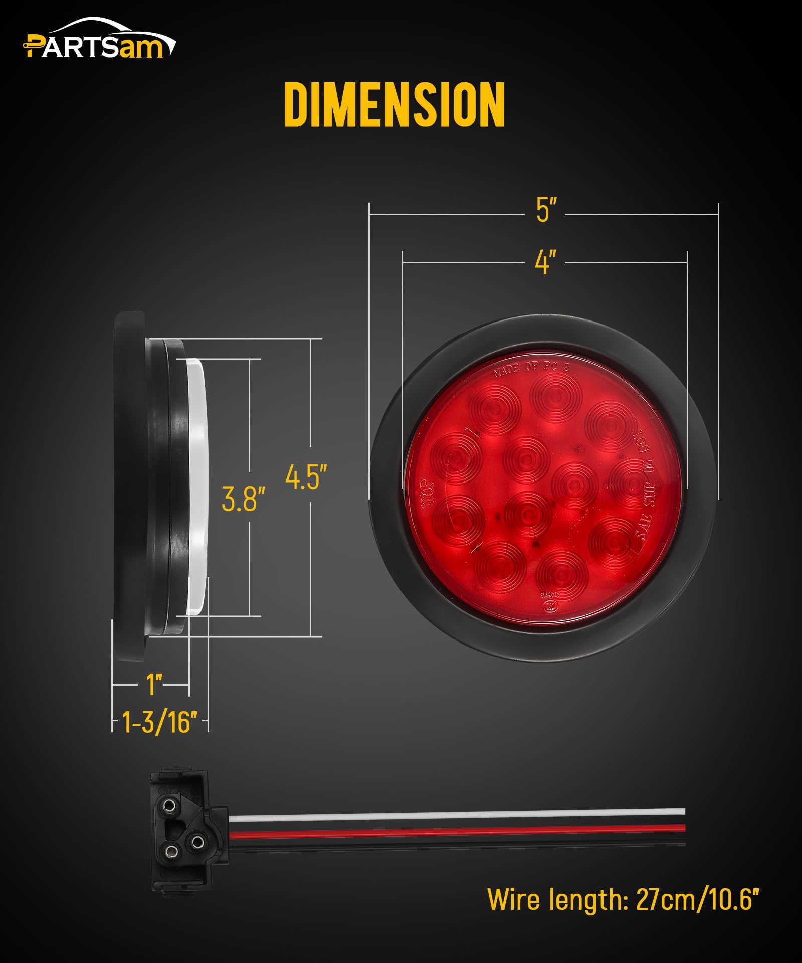Partsam 4Pcs 4 Inch Round Led Trailer Tail Lights Kit Red 12 Led Waterproof 4'' Brake Stop Turn Tail Marker Trailer Lights Seale