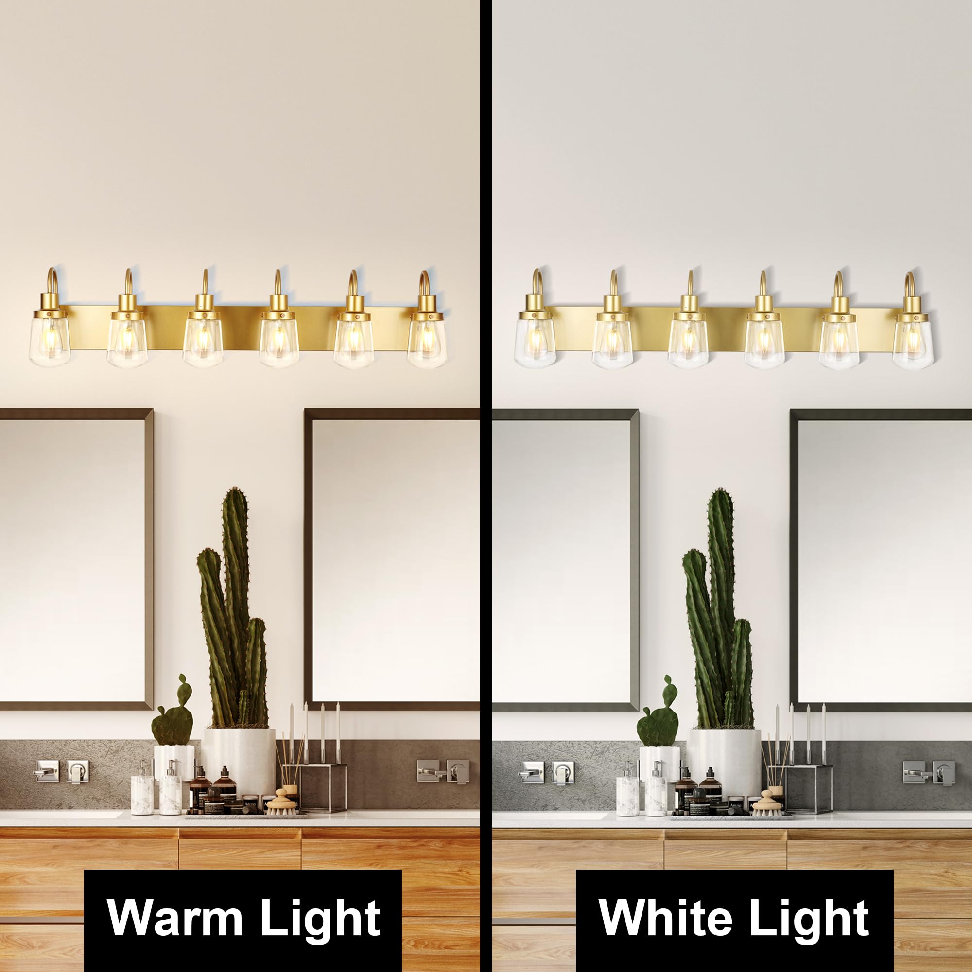 Yaohong 6-Light Gold Bathroom Vanity Light Fixture With Clear Glass Shades, Farmhouse Design