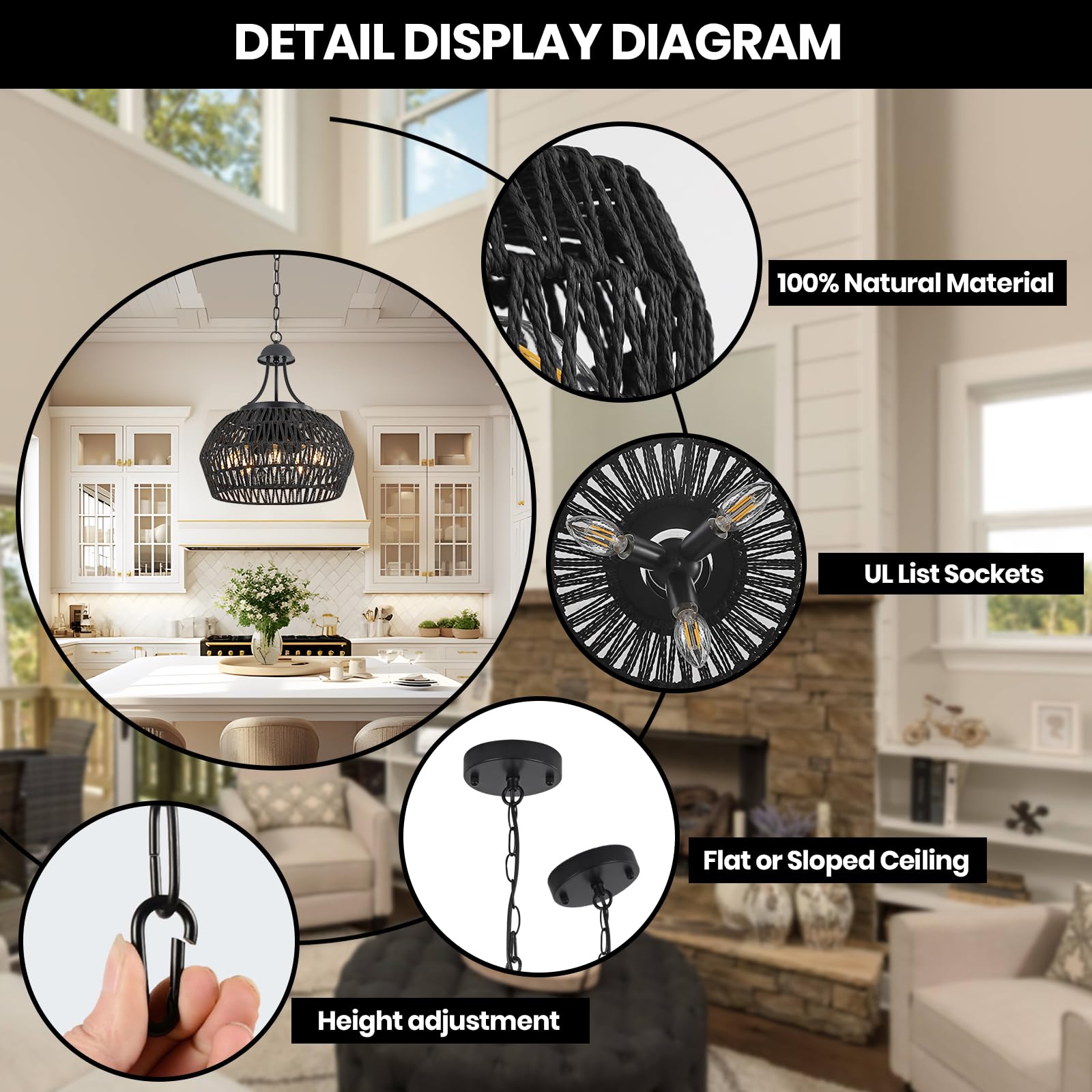 5-Light Black Rattan Chandeliers For Dining Room, Farmhouse Chandelier Light Fixture With Wicker Lampshade, Large Boho Coastal H
