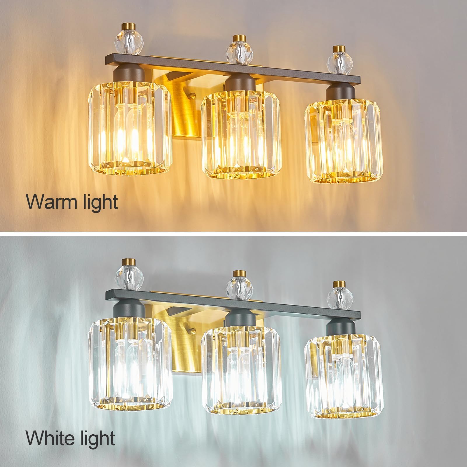 FDPBY 3-Light Crystal Bathroom Vanity Lights, Black Gold Round, Model 291, Modern Over Mirror Lighting Fixtures