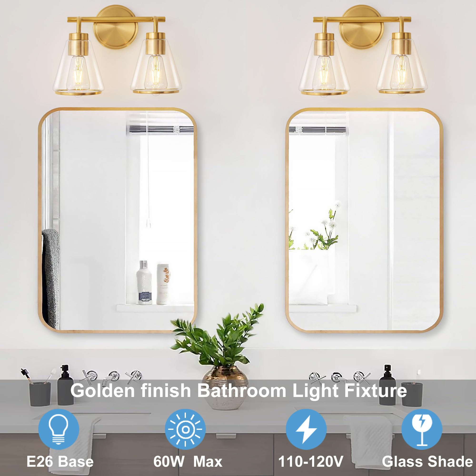 Nadosa Bathroom Light Fixtures Over Mirror Gold Vanity Light 2-Lights With Clear Glass Shade 14 Inch Modern Wall Sconces Bath Light
