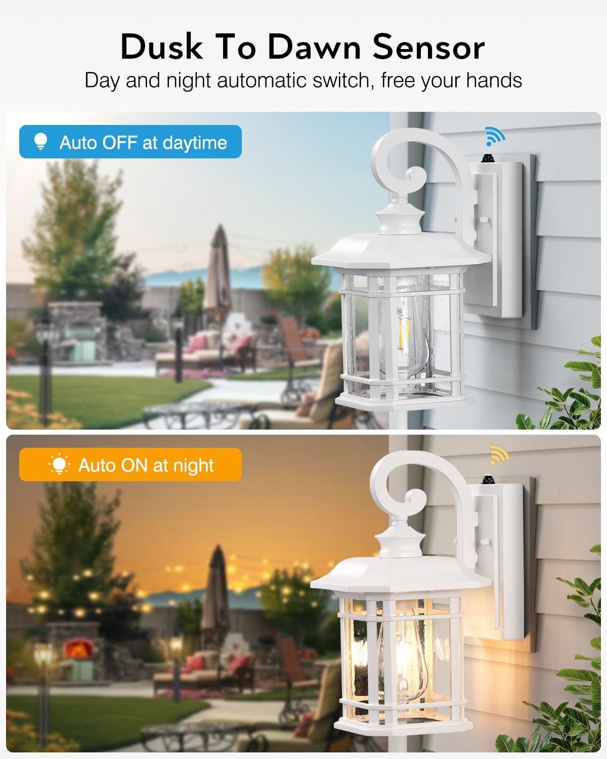 VIANIS Outdoor Wall Lights - 2 Pack Dusk to Dawn White Aluminum Porch Lighting Fixtures, Model V81522WH, Anti-Rust Seed Tempered Glass