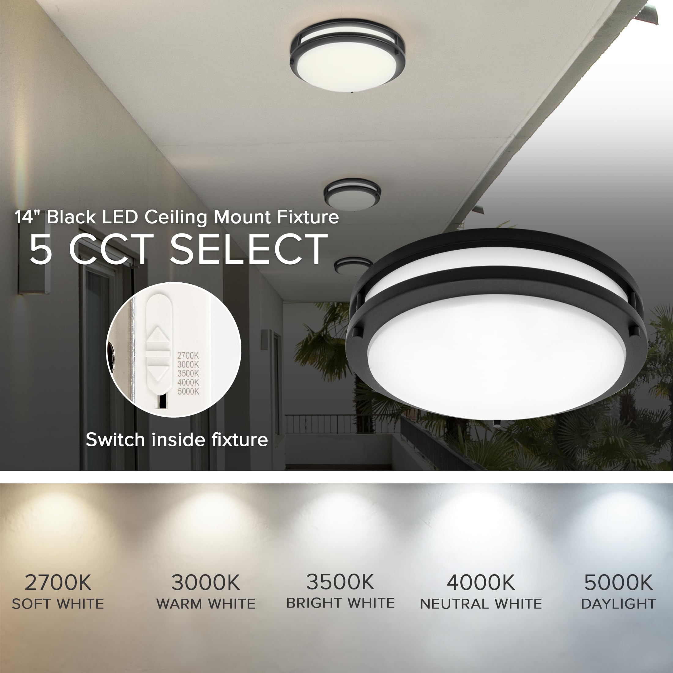 Maxxima 14 In. Led Flush Mount Ceiling Light Fixture, 5 Cct 2700K/3000K/3500K/4000K/5000K, Dimmable Indoor Round Ceiling Mount F