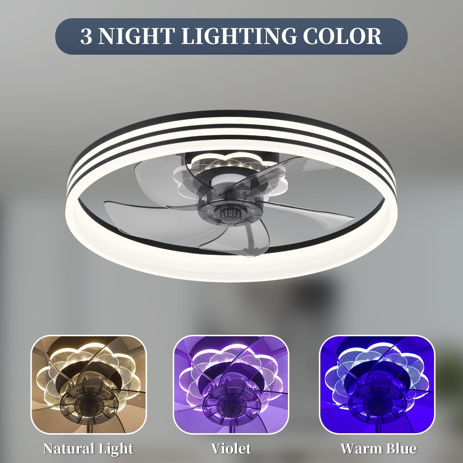 Fszdorj 20? Ceiling Fans With Lights, Low Profile Ceiling Fan With Light, Flush Mount Ceiling Fan With Light, 6 Speeds, Dimmable