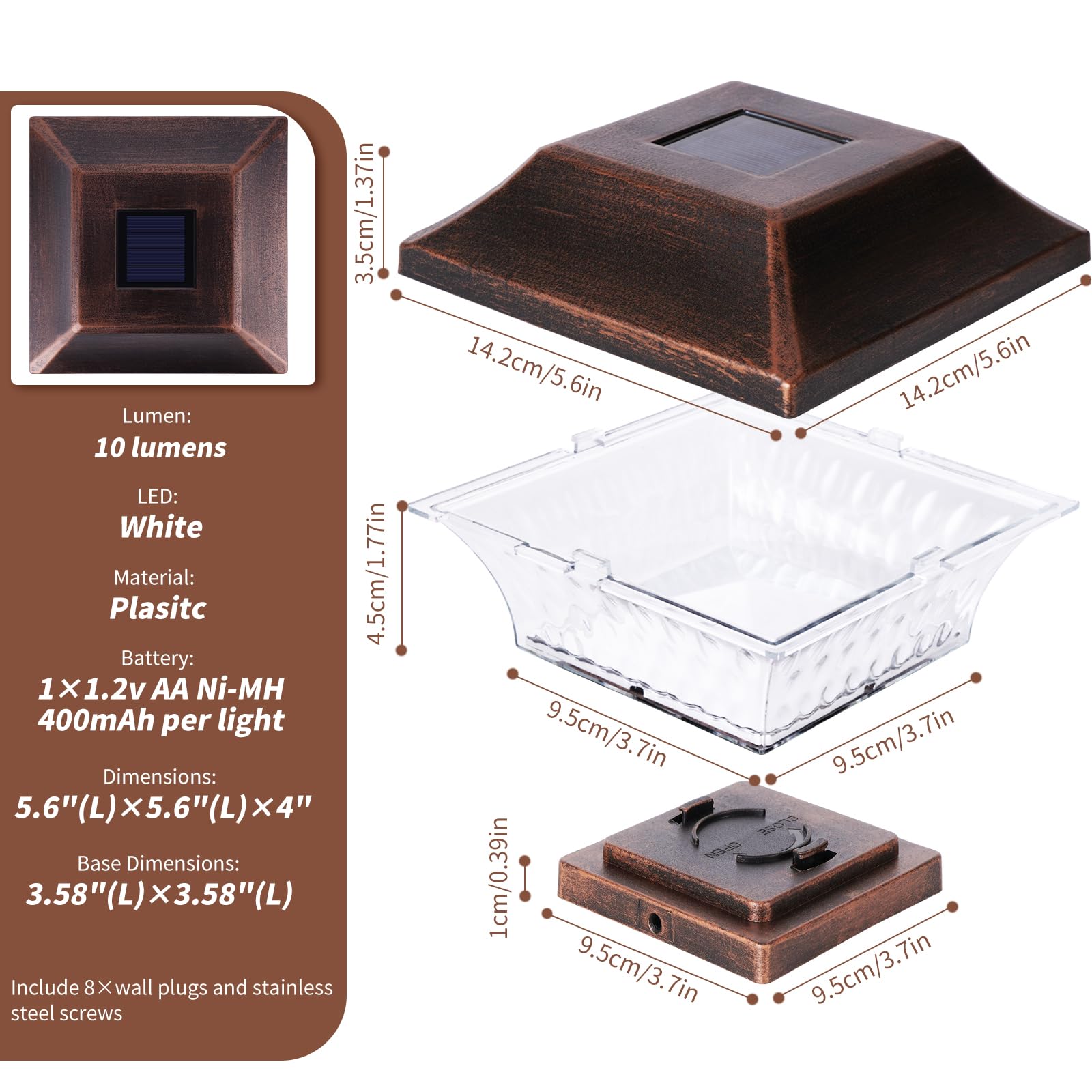 SUNWIND Solar Post Cap Lights - 4x4 Outdoor LED Garden Lighting, Copper Finish, 4 Pack, Durable Polyoxymethylene Material