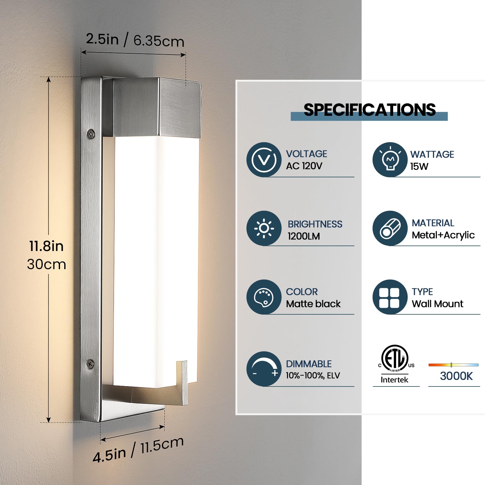 Woshitu Nickel Wall Sconce Light - Modern Dimmable Wall Sconces Set Of Two Led 3000K 15W Bathroom Vanity Light With Acrylic Shade Indoor Hardwired Sconce Lighting For Bedroom/Living Room/Hallway