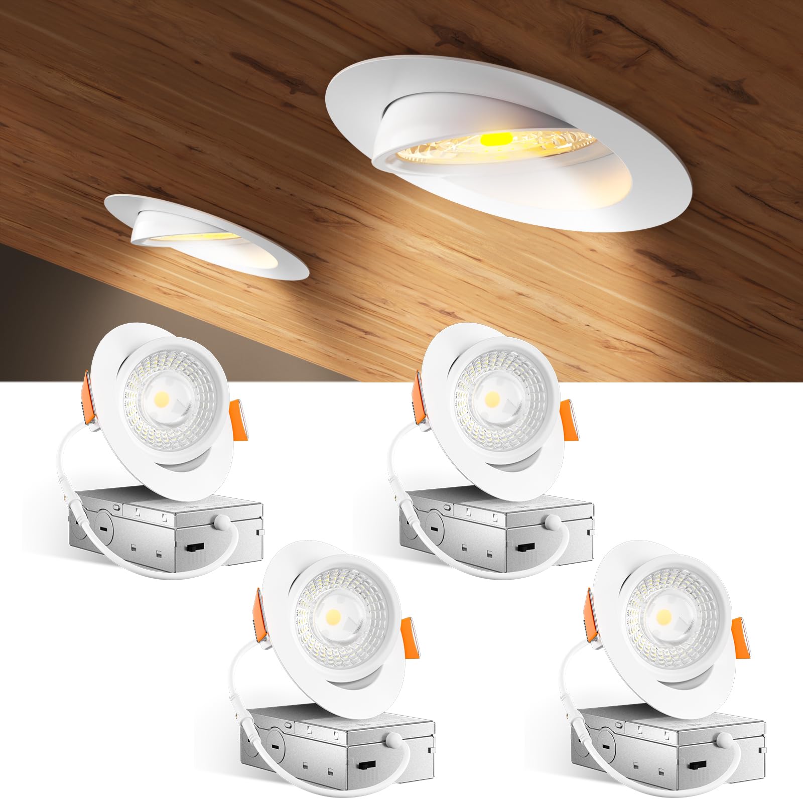 Amico 4 Pack 4 Inch 5Cct Gimbal Led Recessed Lighting  360&90 Adjustable Eyeball Directional Downlight  Dimmable  2700K/3000K/3500K/4000K/5000K Selectable  Cri90+ 9W 700Lm  Etl&Fcc