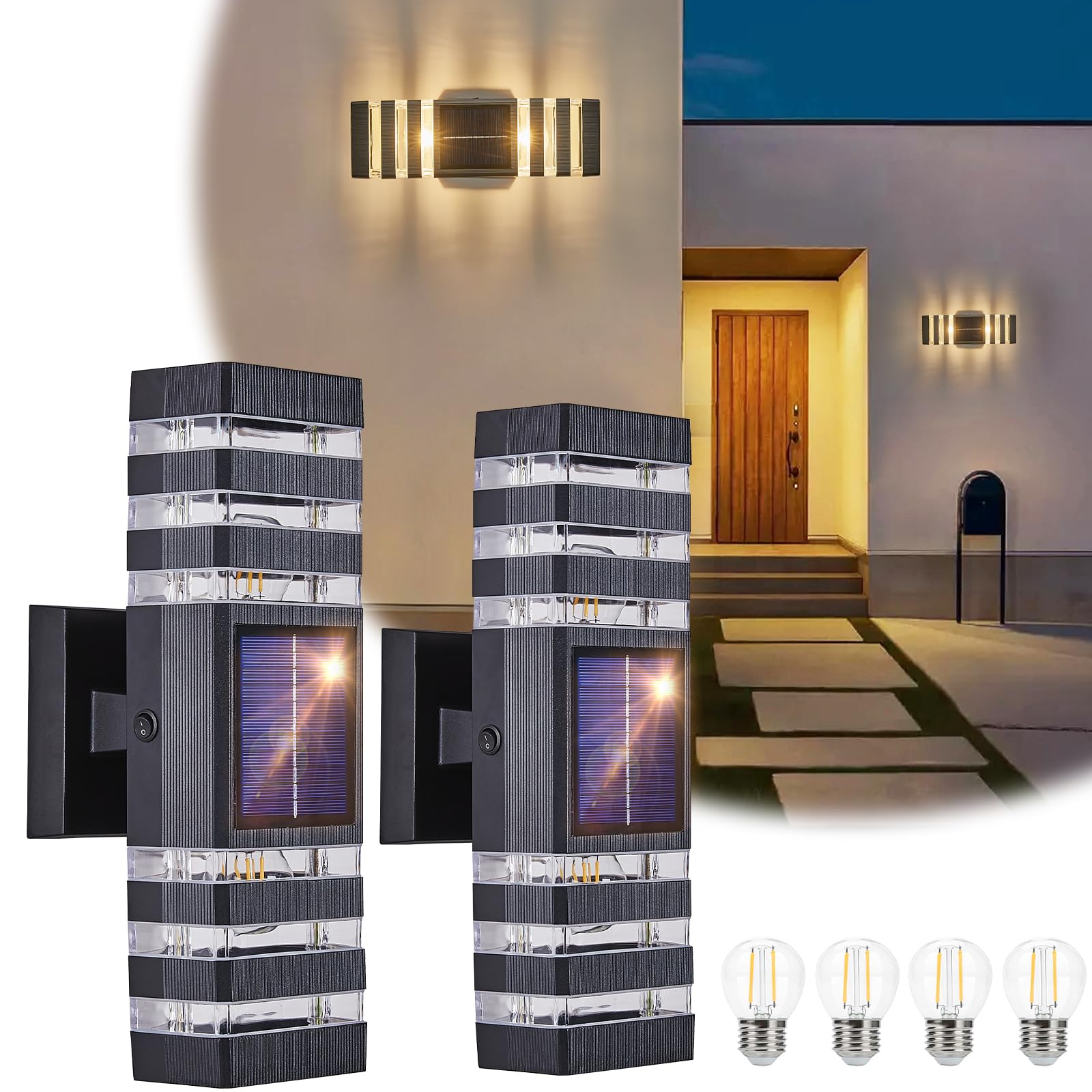 Delicavy 2 Pack Solar Wall Light With 4 Bulbs, Waterproof Modern Sconces For Outdoor Use