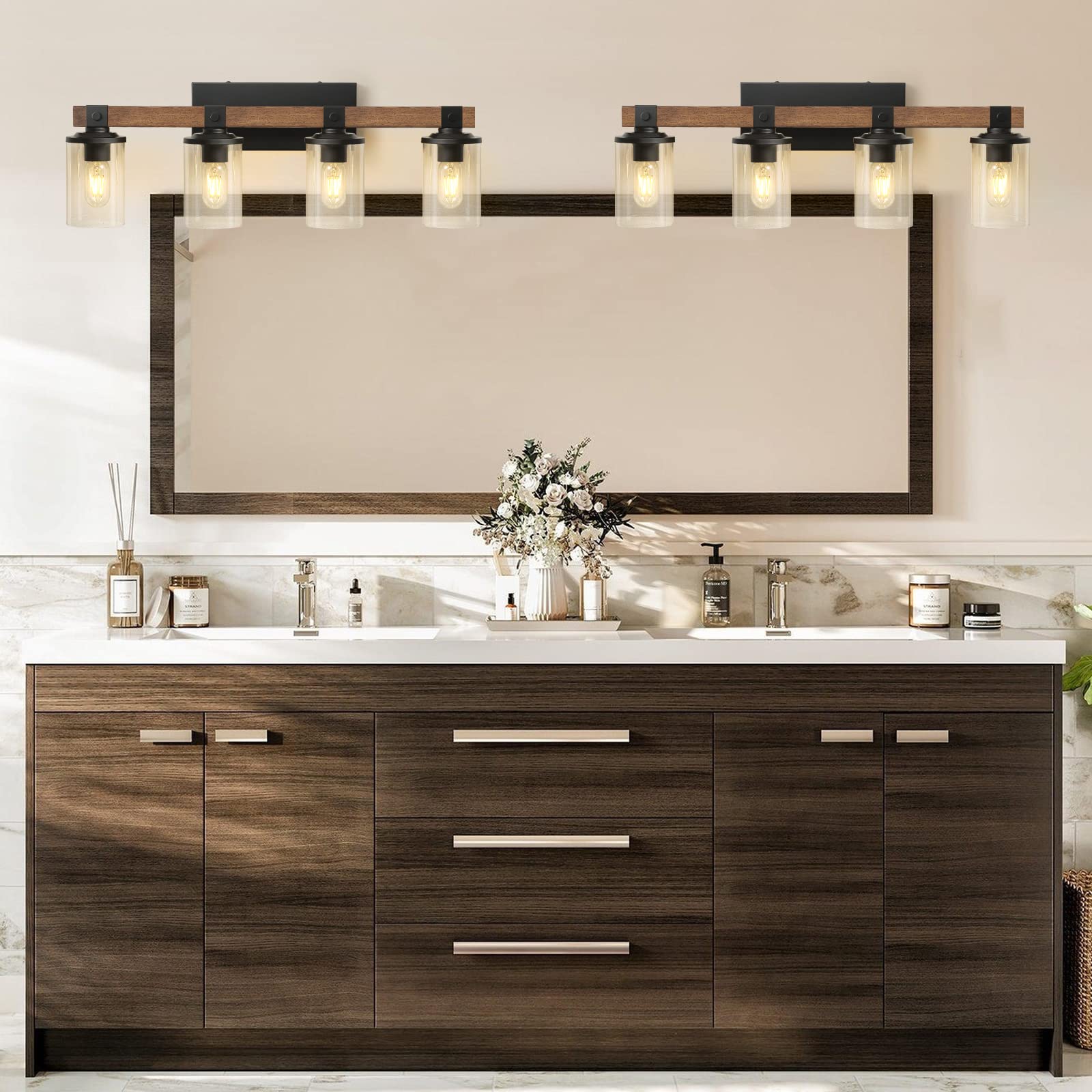 Goyeel 4-Light Rustic Bathroom Vanity Light, Antique Wood & Metal, Industrial Wall Sconce