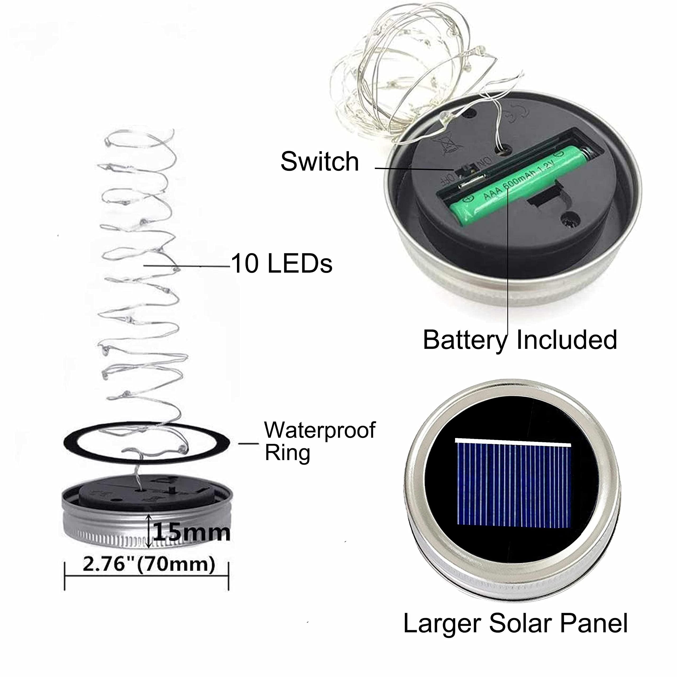 Decorman Solar Mason Jar Lid Lights, 10 LED Waterproof Fairy Lights, 6 Pack, Colorful, Model 43219-8197