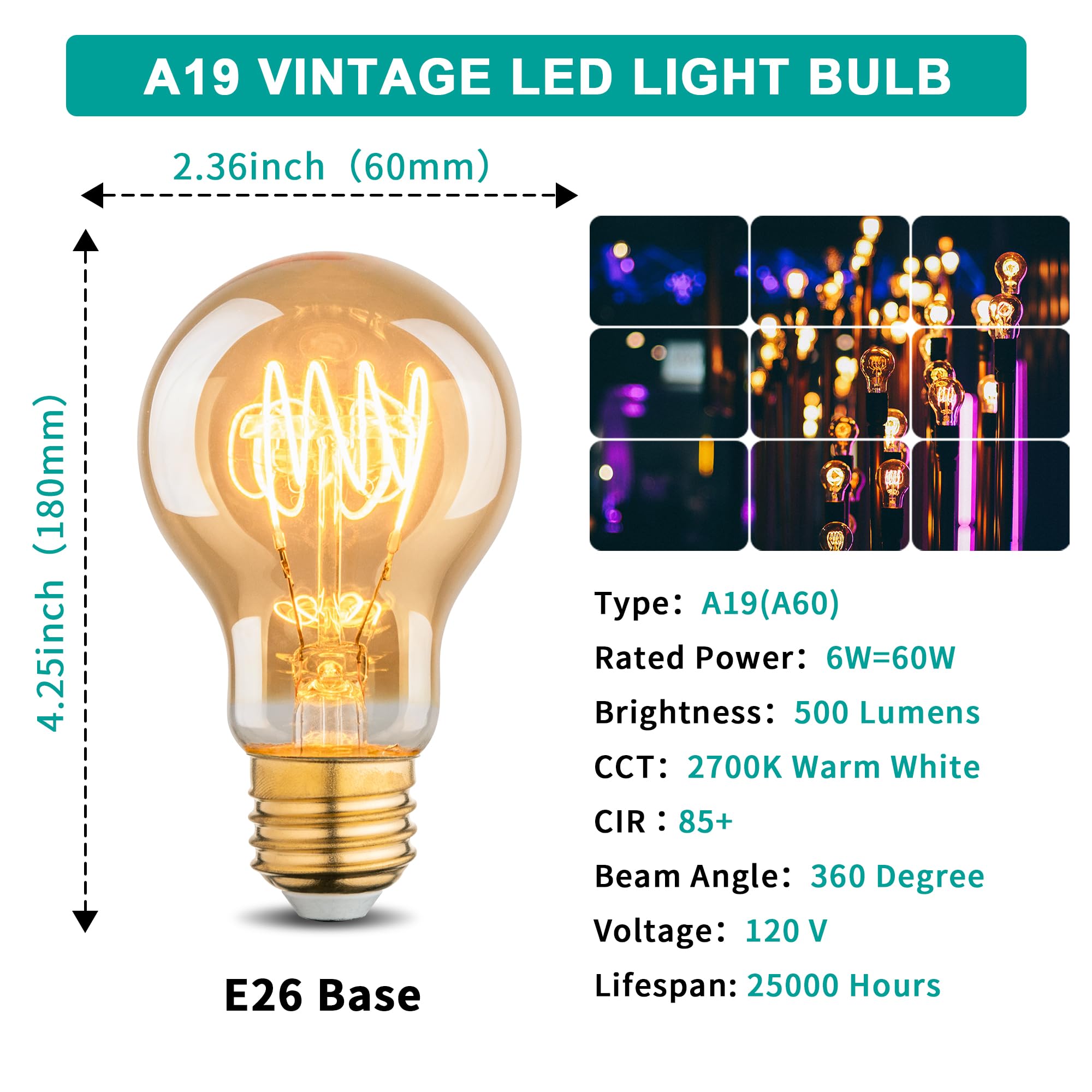Vintage 6W Led Edison Bulbs, A19 Dimmable Edison Light Bulb, 2700K Warm White, Equivalent 60 Watt Incandescent Bulbs, Amber Old