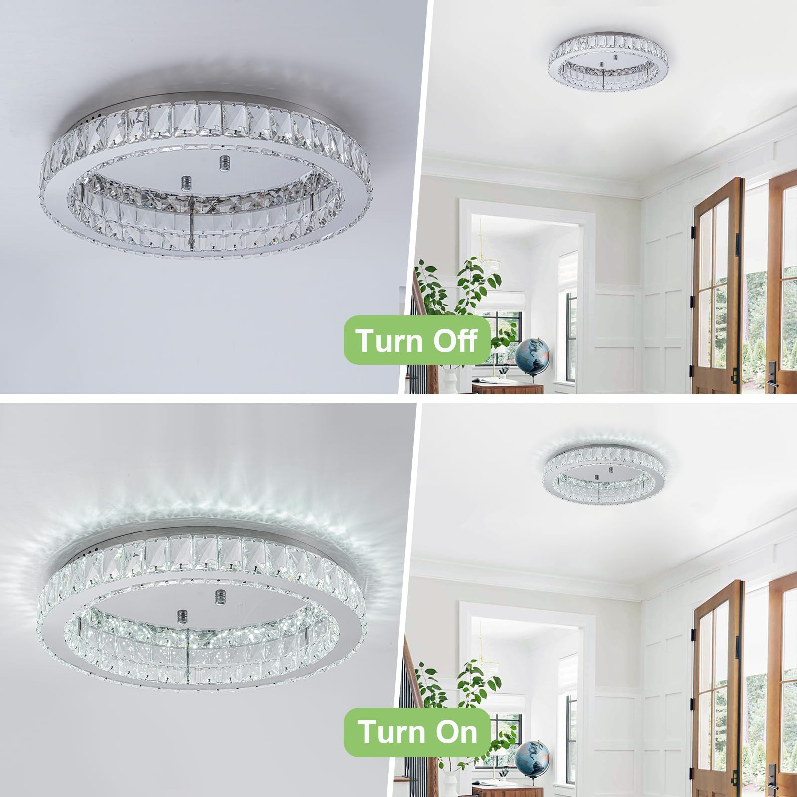 HOPGGIE Crystal Chandelier Light, 18in Round Flush Mount Ceiling Fixture, Cool White, Model HJ-450da-1, for Living Room, Bedroom, Dining Room
