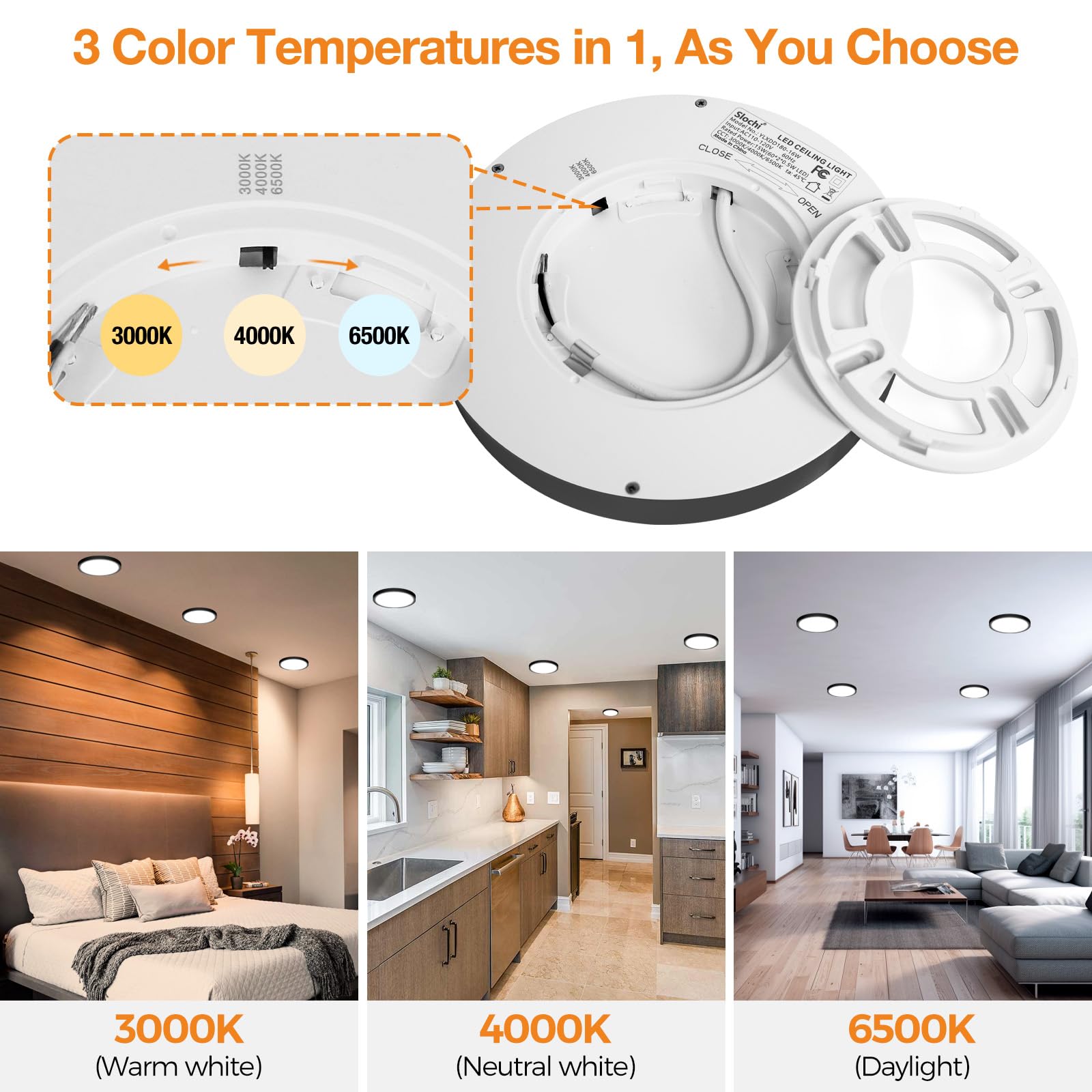 Slochi LED Flush Mount Ceiling Light Fixture, 12W 1200Lm, 6.5 Inch, Black, Modern Design for Kitchen, Bathroom, Bedroom, Hallway