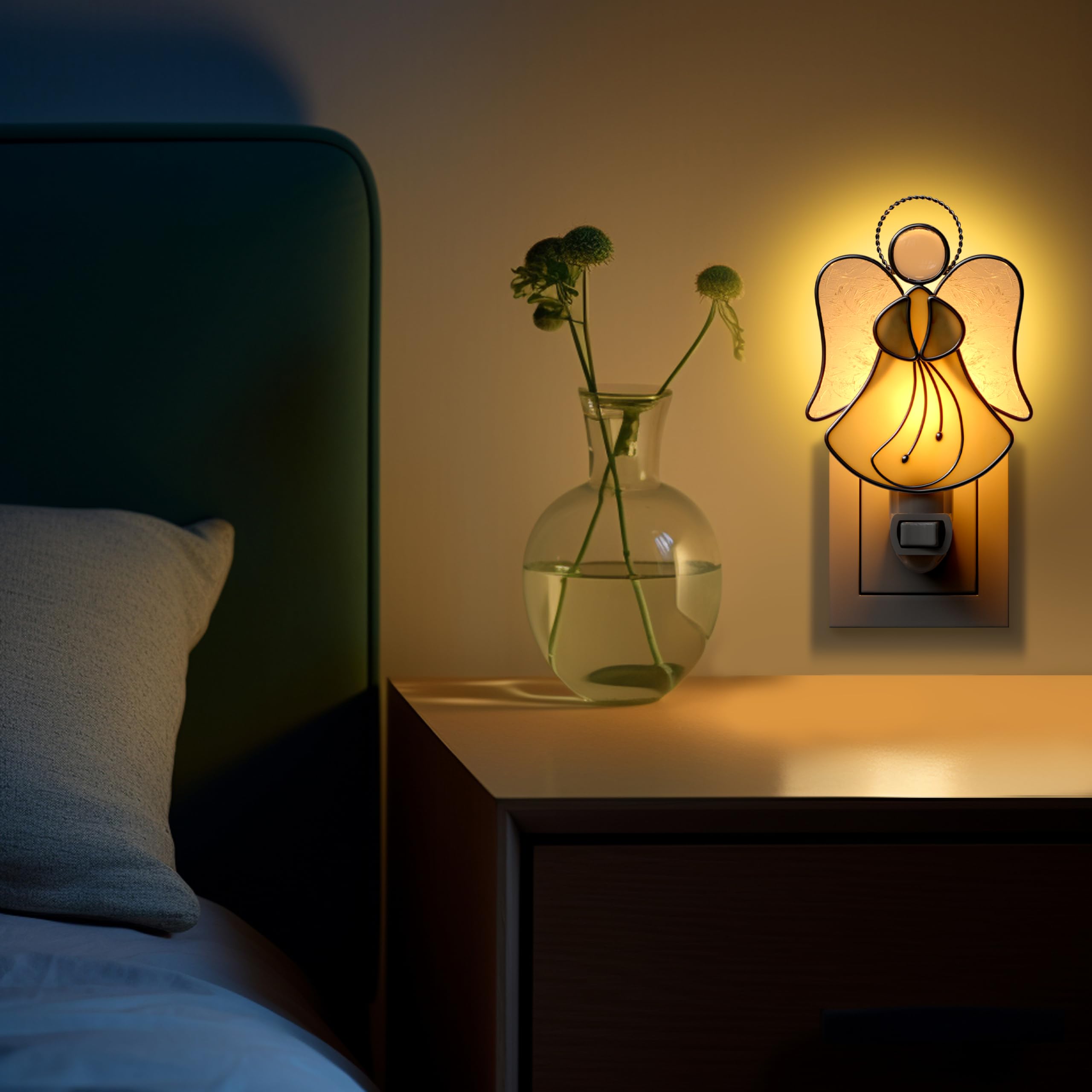 Kundgla Angel Night Light Plug Into Wall, Stained Glass Plug In Night Lights For Wall Socket, Decorative Nightlight For Bedroom Hallway Kitchen,Gift For Mom Mother`S Day Birthday Christmas Valentine
