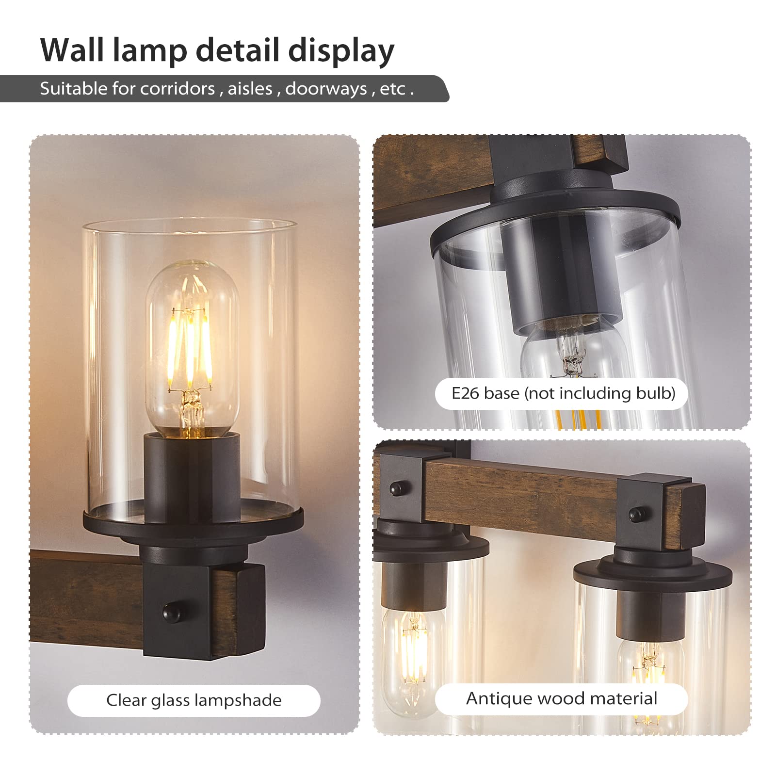 DADUL 6-Light Bathroom Vanity Light, Antique Wood & Metal, Clear Glass Shades, Model GT-B01-100-06-LPA